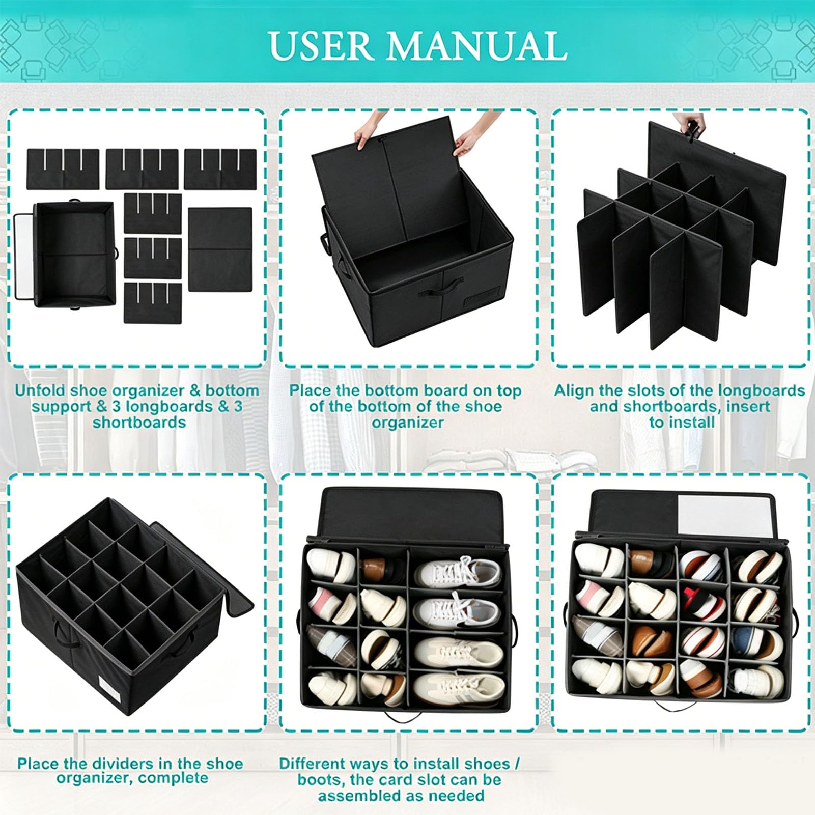 Organizer per Scarpe Scatola Impilabile in Tessuto Oxford Impermeabile e Antipolvere per 16 Paia di Scarpe, Ideale per Armadi e Ingressi (BLACK)