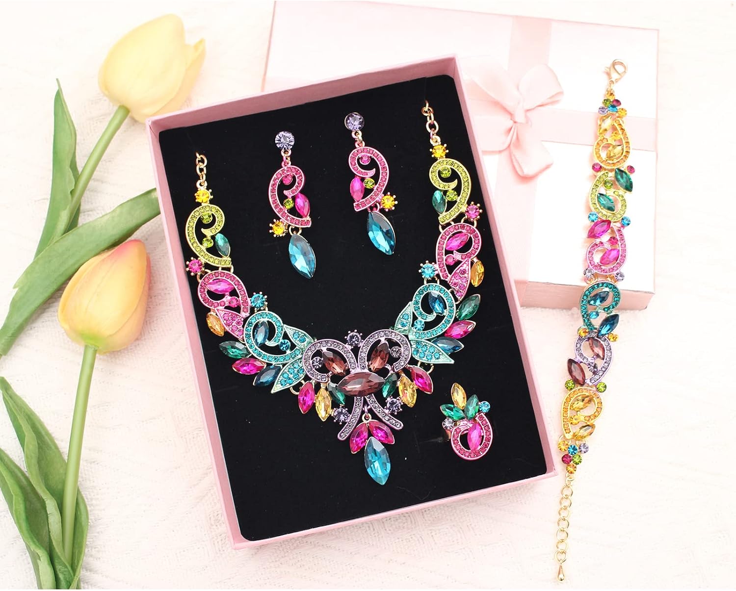 Wedding Bridal Prom Austrian Crystal Rhinestone Statement Necklace Earrings Bracelet Ring Wedding Party Costume Jewelry Sets for Brides Women