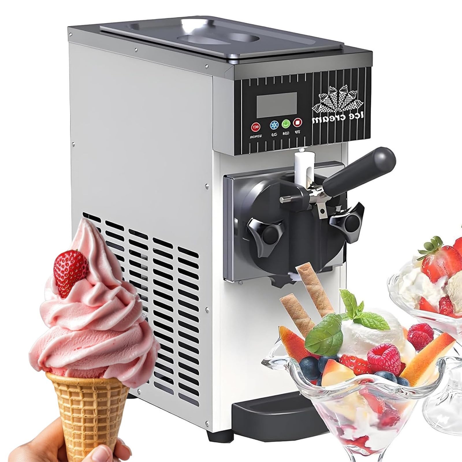 ZEEKYFOR Soft Serve Machine, Countertop Ice Cream Maker with LCD Panel for Coffee Shops and Snack Bars, 4-8kg/H Output, with 1L/1.2L Refrigerated Hopper 2.5L White