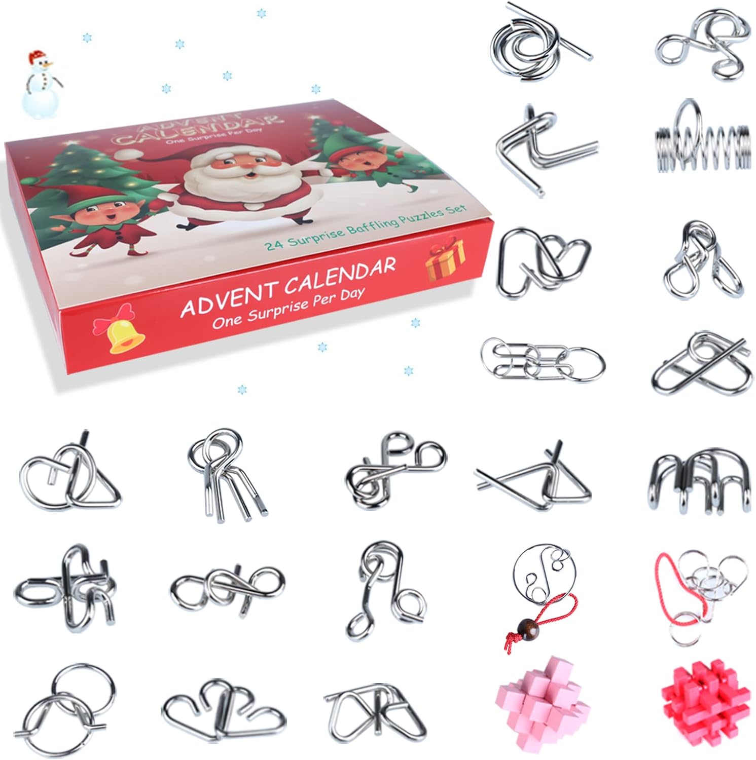 Brain Teaser Puzzle 24Pcs Unlock Interlock Game IQ Test Toys Christmas Advent Calendar 3D Disentanglement Puzzles Toys for Kids Teen and Adults, Silver : Toys & Games