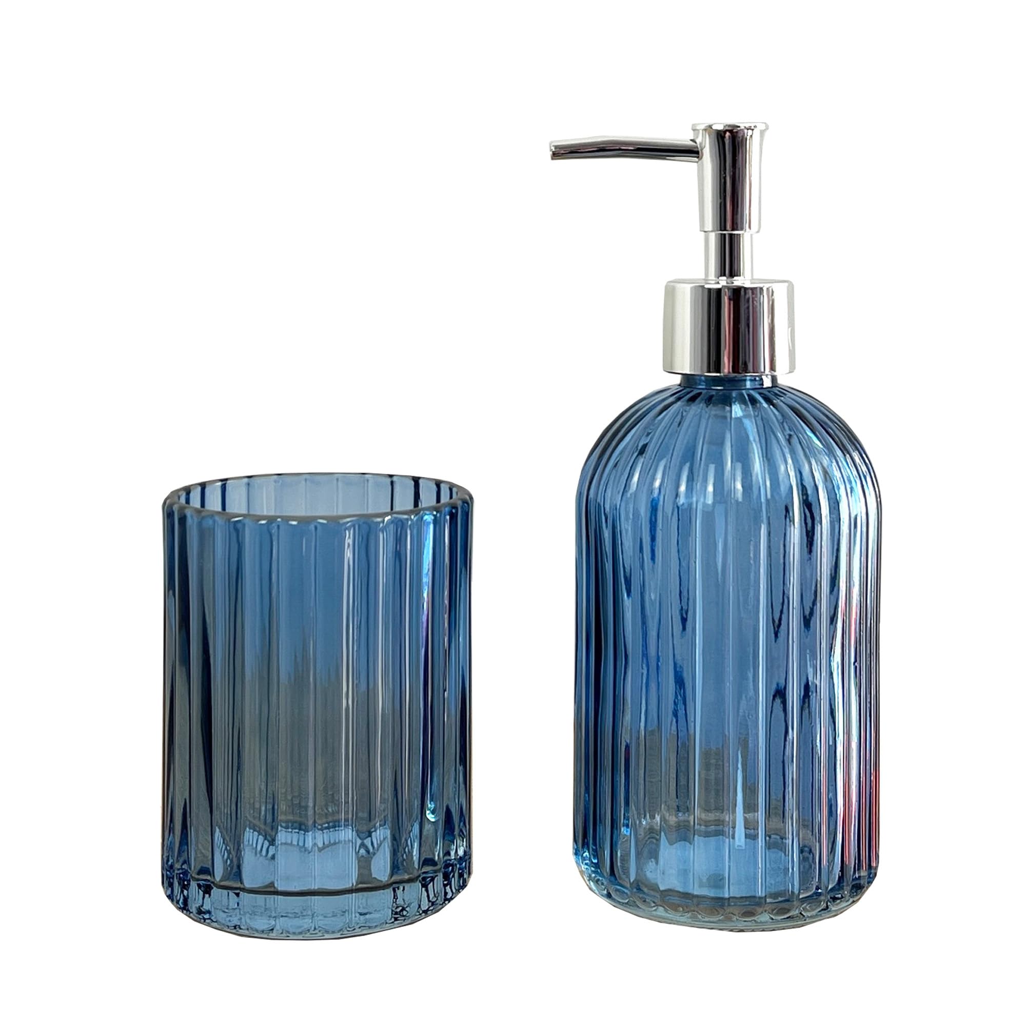 2 Piece Blue Ribbed Glass Bathroom Sink Accessories Set Liquid Soap Lotion Dispenser Tumbler/Toothbrush Holder Cup
