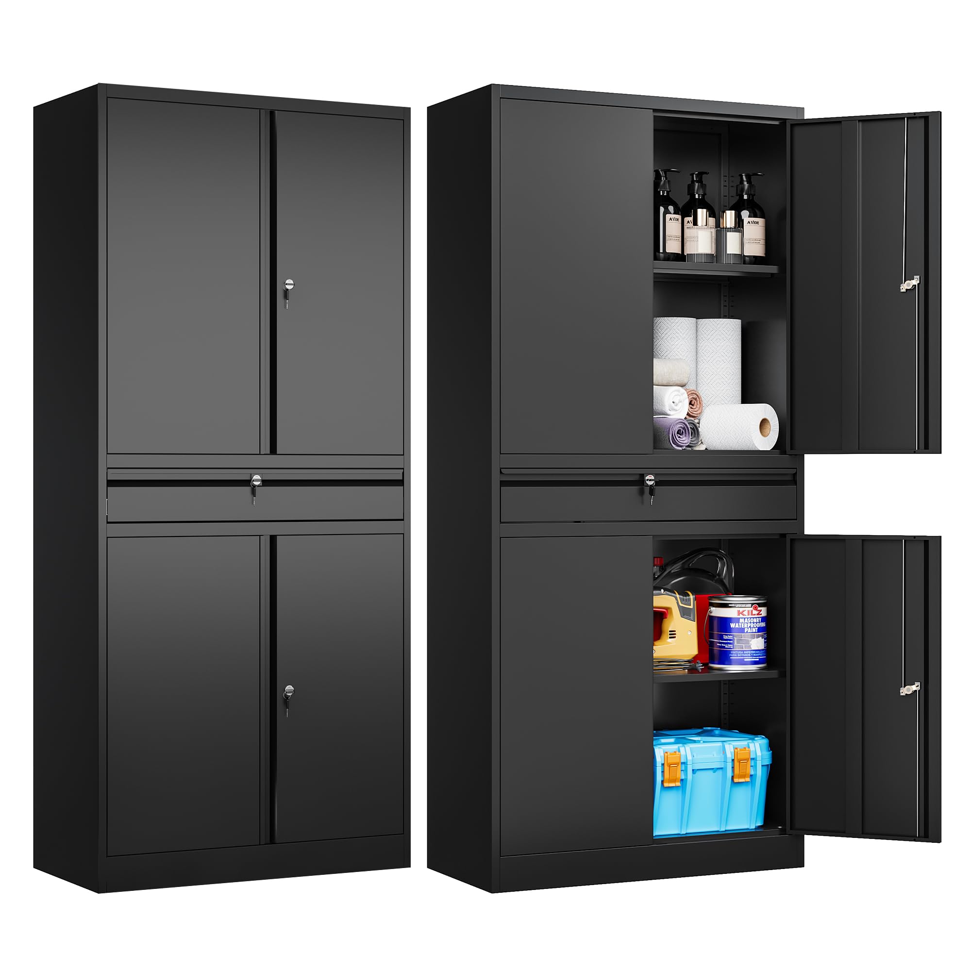 RAVIGIN Metal Garage Storage Cabinets with Drawer, Lockable Doors and Adjustable Shelves, 71" H Tool Cabinet for Home, Office, Warehouse (Black)