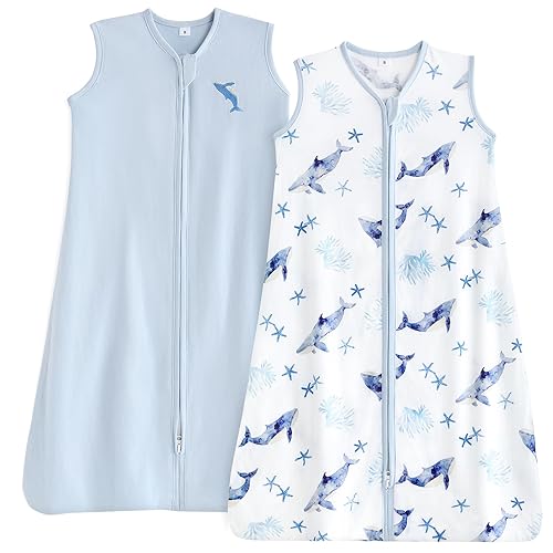TILLYOU Saco de dormir, paquete de 2 unidades, manta para bebé con cremallera de 2 vías, saco de dormir extrasuave de algodón sin mangas para bebés,