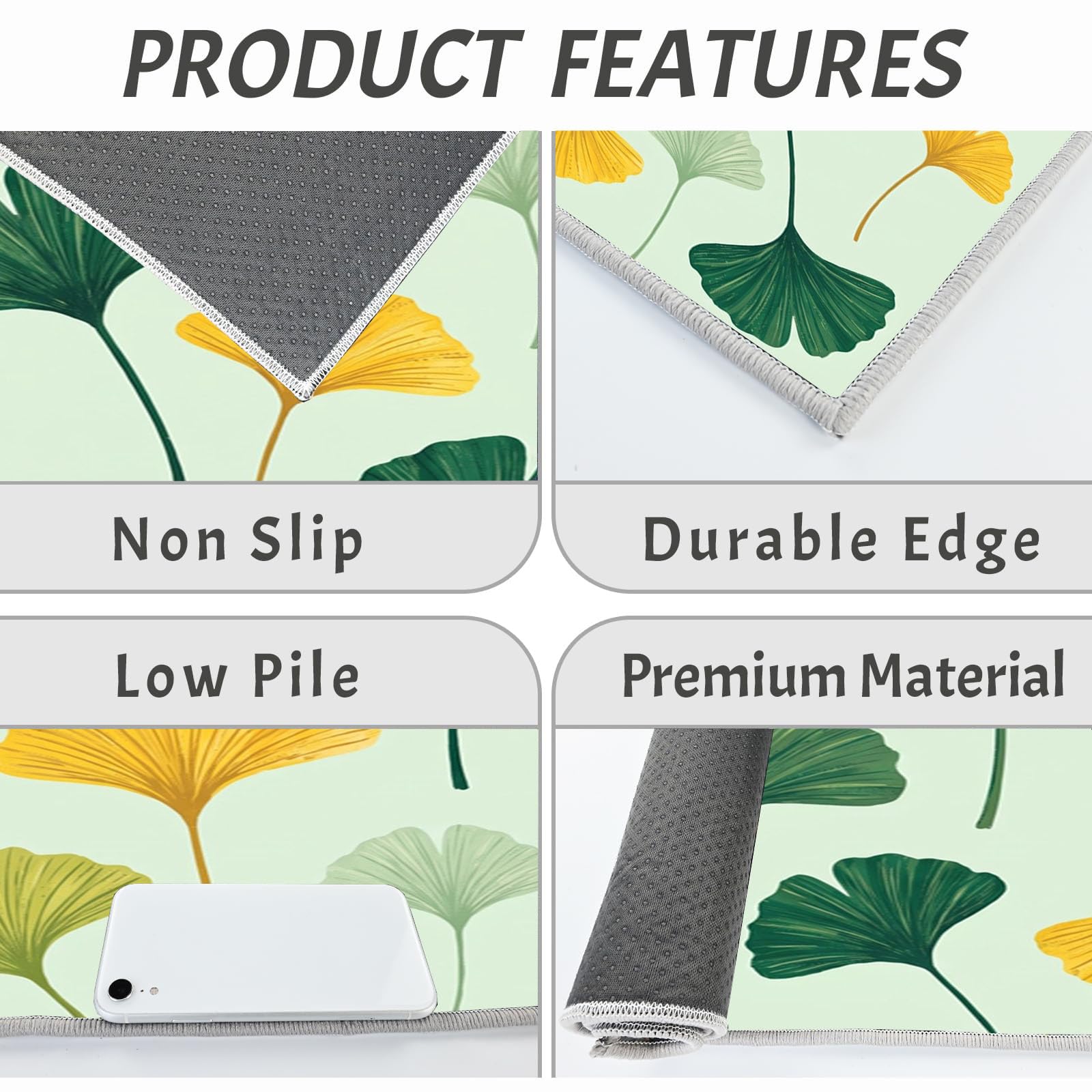 Juego De 2 De Alfombras De Cocina Tema De Hojas De Ginkgo Rural | Alfombra Antideslizante Lavable para Cocina, Plantas Frescas Conjuntos Absorbentes para Pasillo Entrada, Verde Salvia