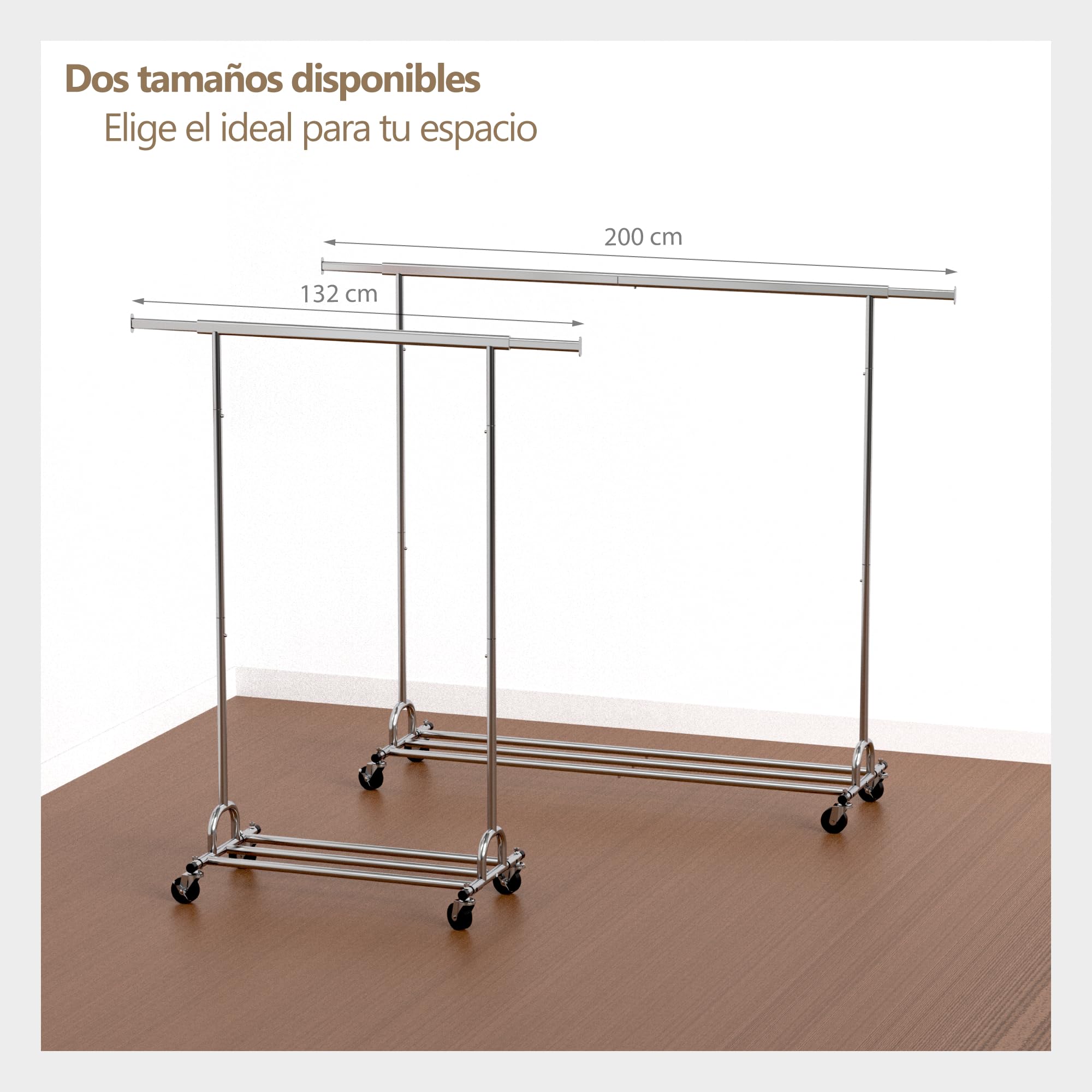 PORTENTUM Perchero burro ropa resistente extensible con ruedas y frenos – hasta 180 kg de carga – Organizador ropa de acero de 45 x (92-132) x 161,5 cm – Percheros de pie con almacenaje inferior