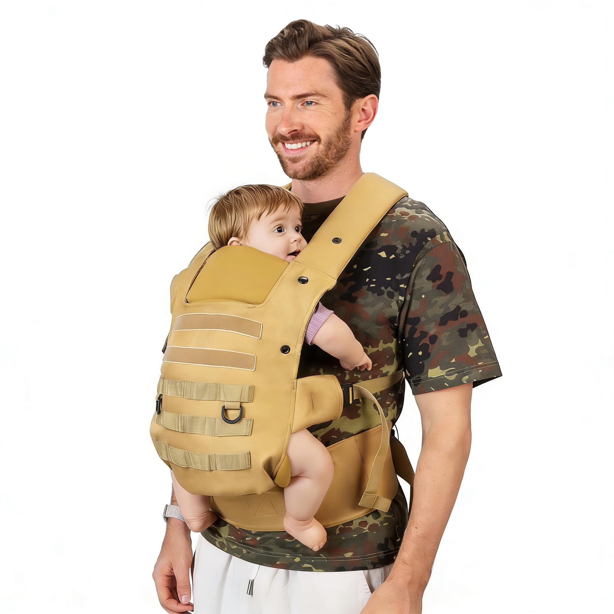PDBEST Babytrage für Papa, Ergonomische Baby Trage mit Hüftgesunde (4-36 Monate), 3-in-1 Baby Carrier für 3,5-15kg, Leicht, Atmungsaktive, Einhandbedienung für Unterwegs & Reisen Khaki