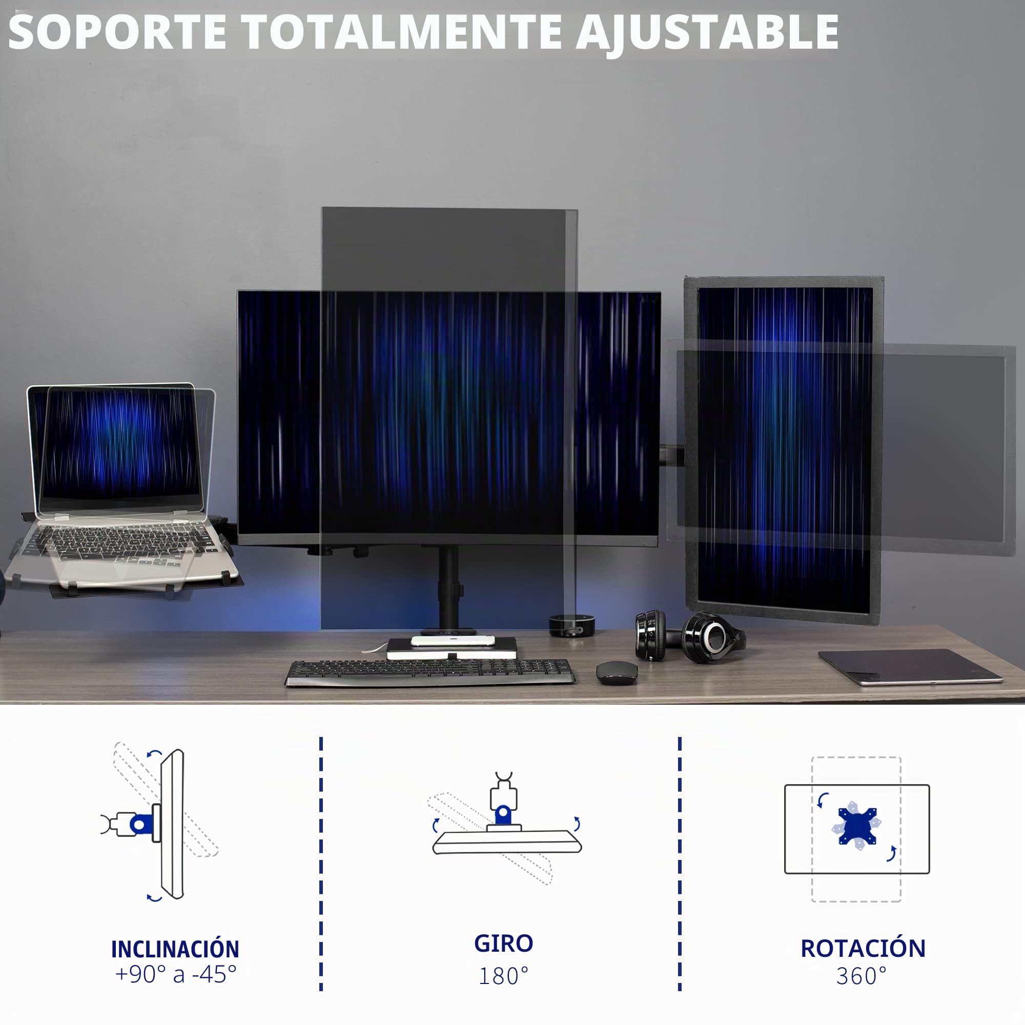Vivo Soporte Dual para Monitor + portátil para Pantallas de 13 a 27 Pulgadas y portátiles de 10 a 15.6 Pulgadas, visualización de Pantalla Triple, Brazos articulados, Negro, STAND-V013L