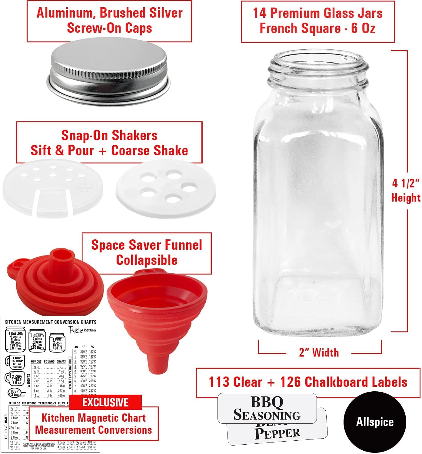 Talented Kitchen 14 Large Glass Spice Jars w/2 Types of Preprinted