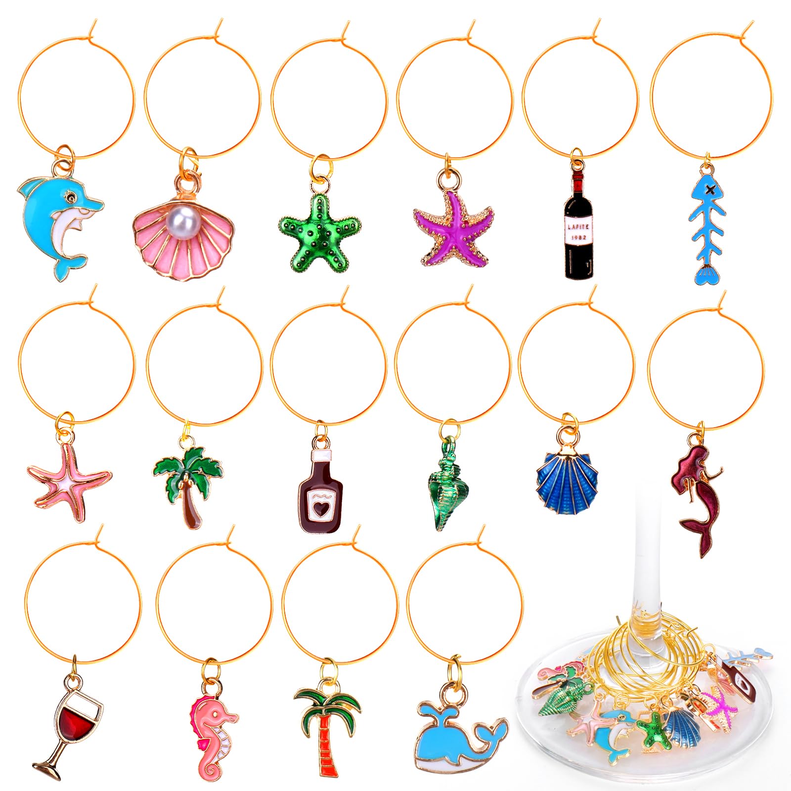 Megitzuu 16-Piece Wine Glass Charms Set - Colorful Bow Pendants With Silver Rings For Stem Glasses