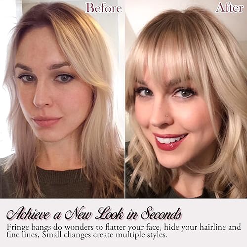 Miniatura 5 de RUWISS Flequillo con clip, extensiones de cabello humano real con fleco de sien, extensiones de cabello con clip, para mujer, para uso diario (rubio)