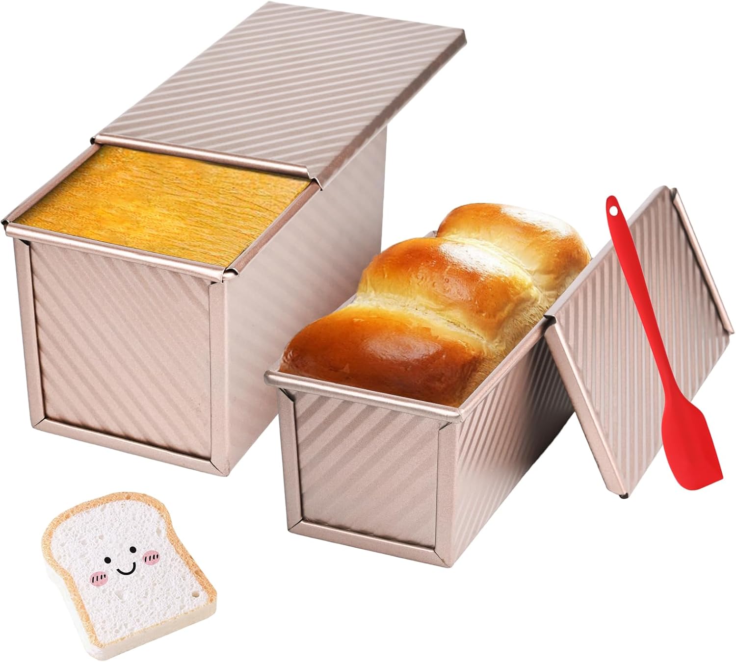 Pullman Loaf Pan with Lid, 2 Pack 1 lb Dough Capacity for Homemade Bread, Non-stick Corrugated Carbon Steel Bread Toast Box with Cover for Bakeware, Sandwich & Toast Oven Baking, Gold