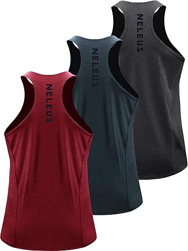 Miniatura 6 de NELEUS Paquete de 3 camisetas sin mangas para correr para hombre, ajuste seco, espalda en Y, para entrenamiento atlético