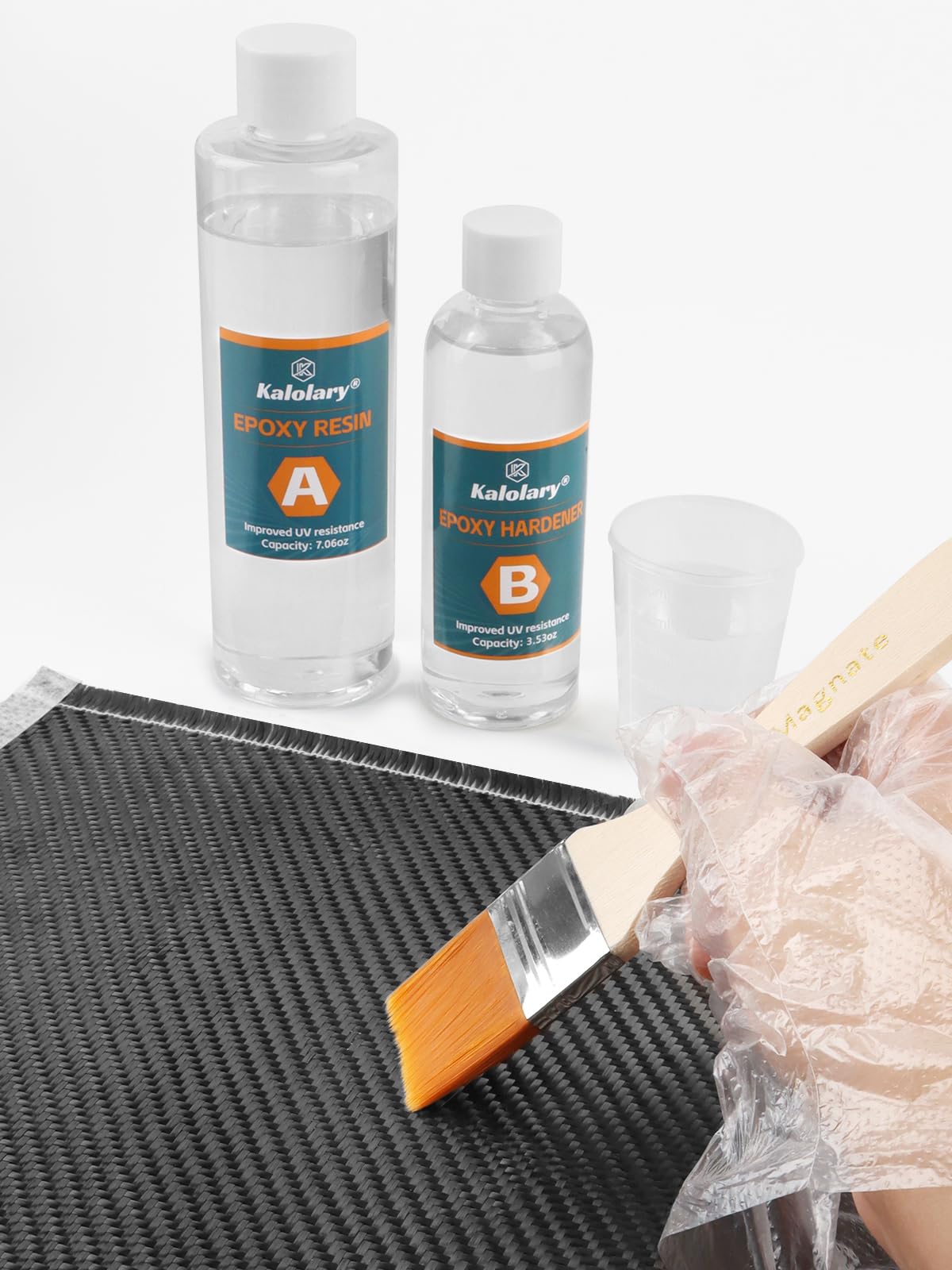 Kalolary 8PCS Kit de Réparation Fibre de Carbone, Résine Époxy 200g, Durcisseur 100g, Gobelets Doseurs, Bâtonnets de Mélange, Gants et Pinceau pour Réparations DIY Auto, Meubles, Vélos et Bateaux
