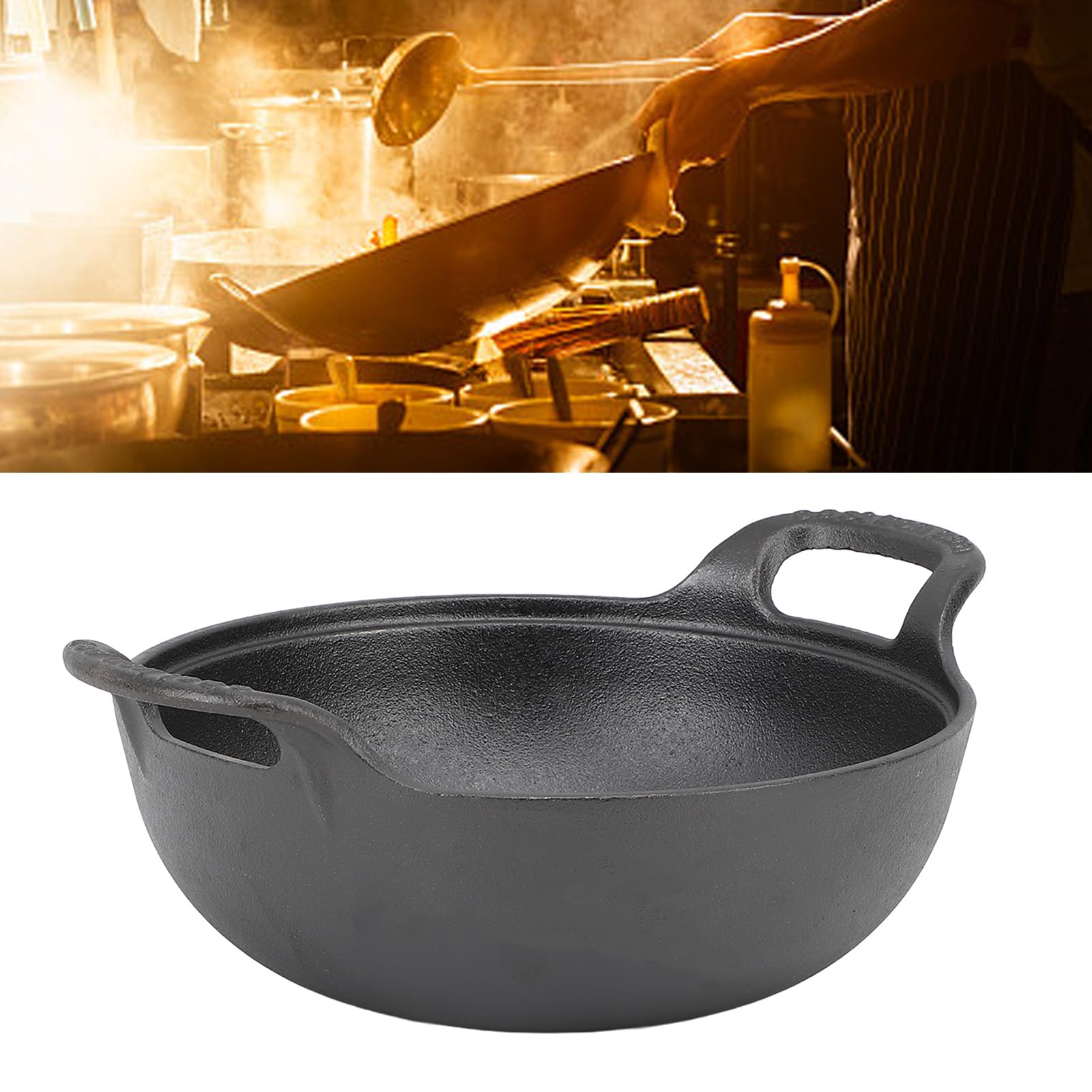 Tissting Wok de hierro fundido con tapa de madera, sartén de base plana sin recubrimiento con 2 manijas para vapor de parrilla salteada, adecuada para todas (25 cm)