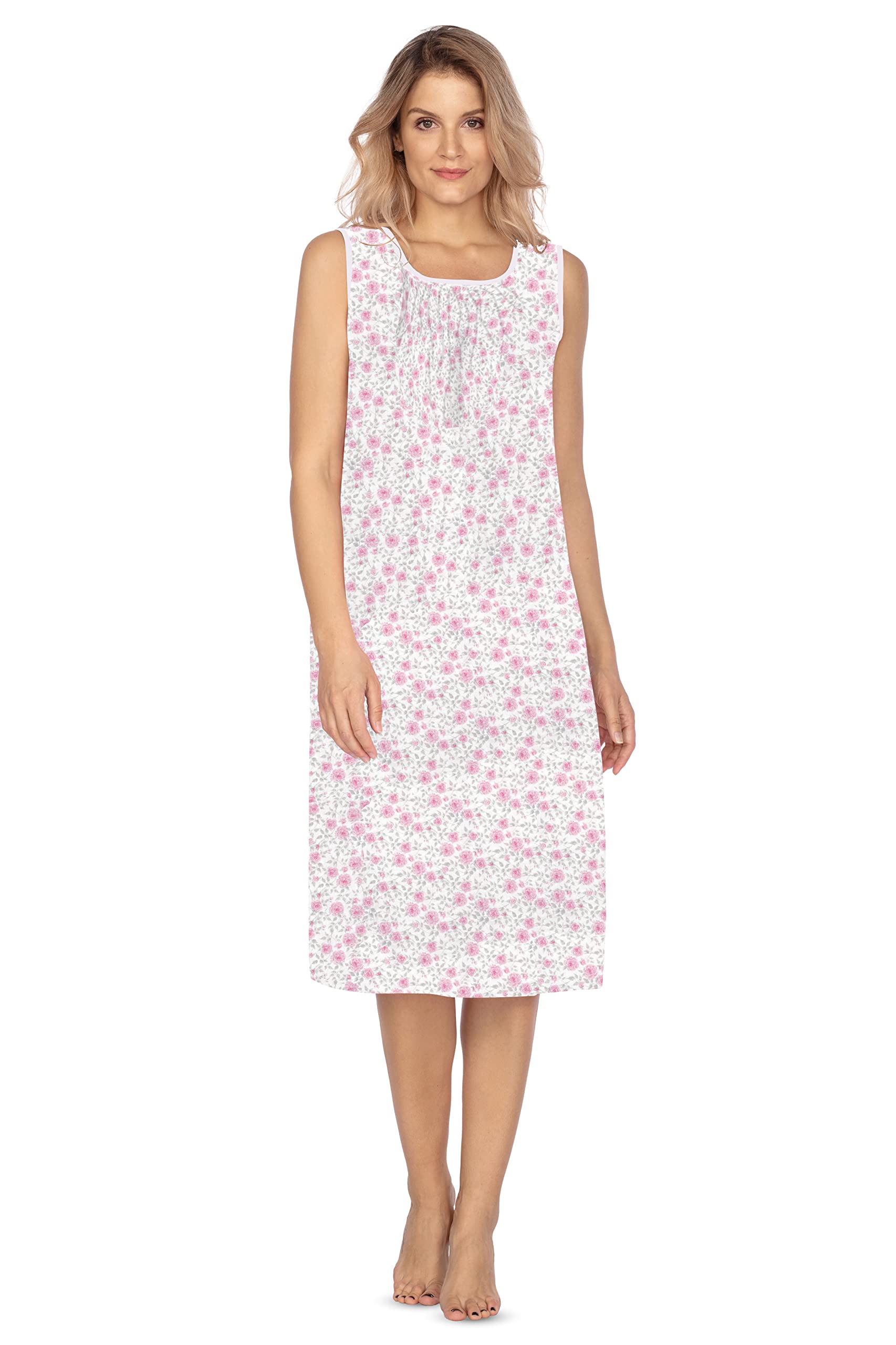 e.Femme® Ladies 100% Cotton Sleeveless Nightdress 1093, Pink Roses, 14