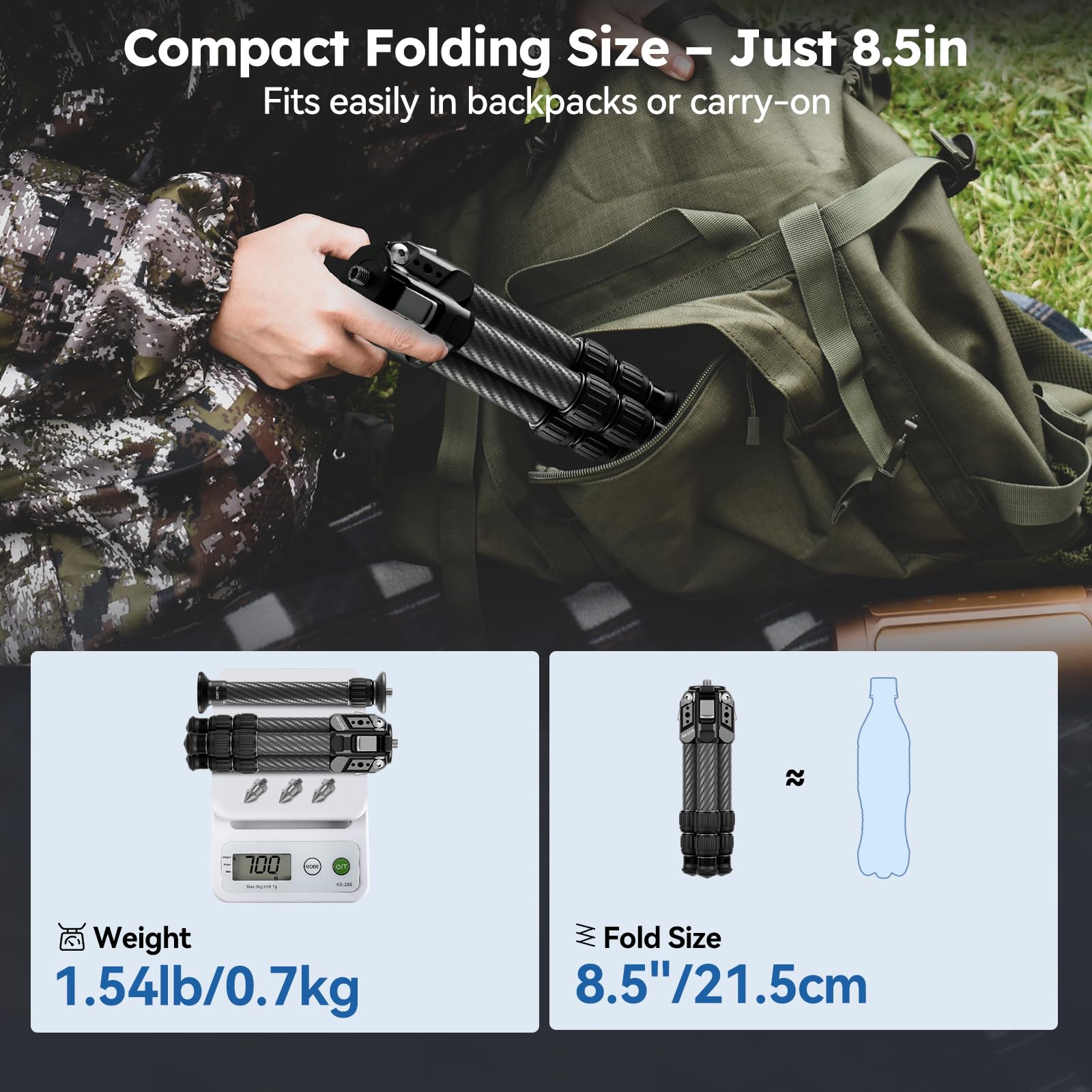 SIRUI Mini Trépied en Fibre de Carbone avec Colonne Centrale Extensible, Hauteur Maximale 66 cm, Supporte 15 kg - Ultra-Léger 0,7 kg pour Le Bureau et Les Voyages, AM-223S+SL-100S