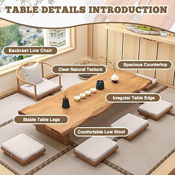 Japanese Solid Wood Floor Table - Large Rectangular Meditation & Tea Table for Tatami Zen Design with Easy Assembly Multifunctional Table for Living Room/Dining Area (NaturalA 100 x 50 x 35 cm)