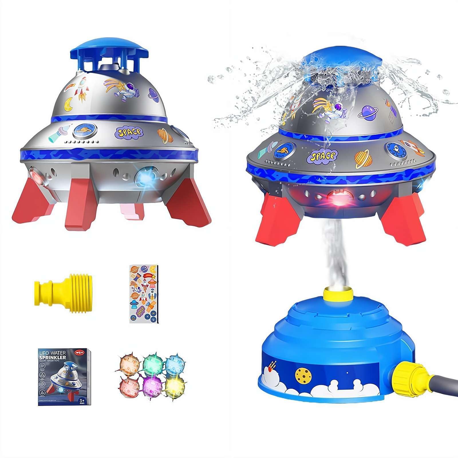 360° Rotating UFO Kids Water Sprinkler Toy, LED Lighted Outdoor Hose Sprinkler with DIY Stickers, Fun Summer Water Play Toy for Backyard Garden, Ideal for Birthday & Holiday (Blue)