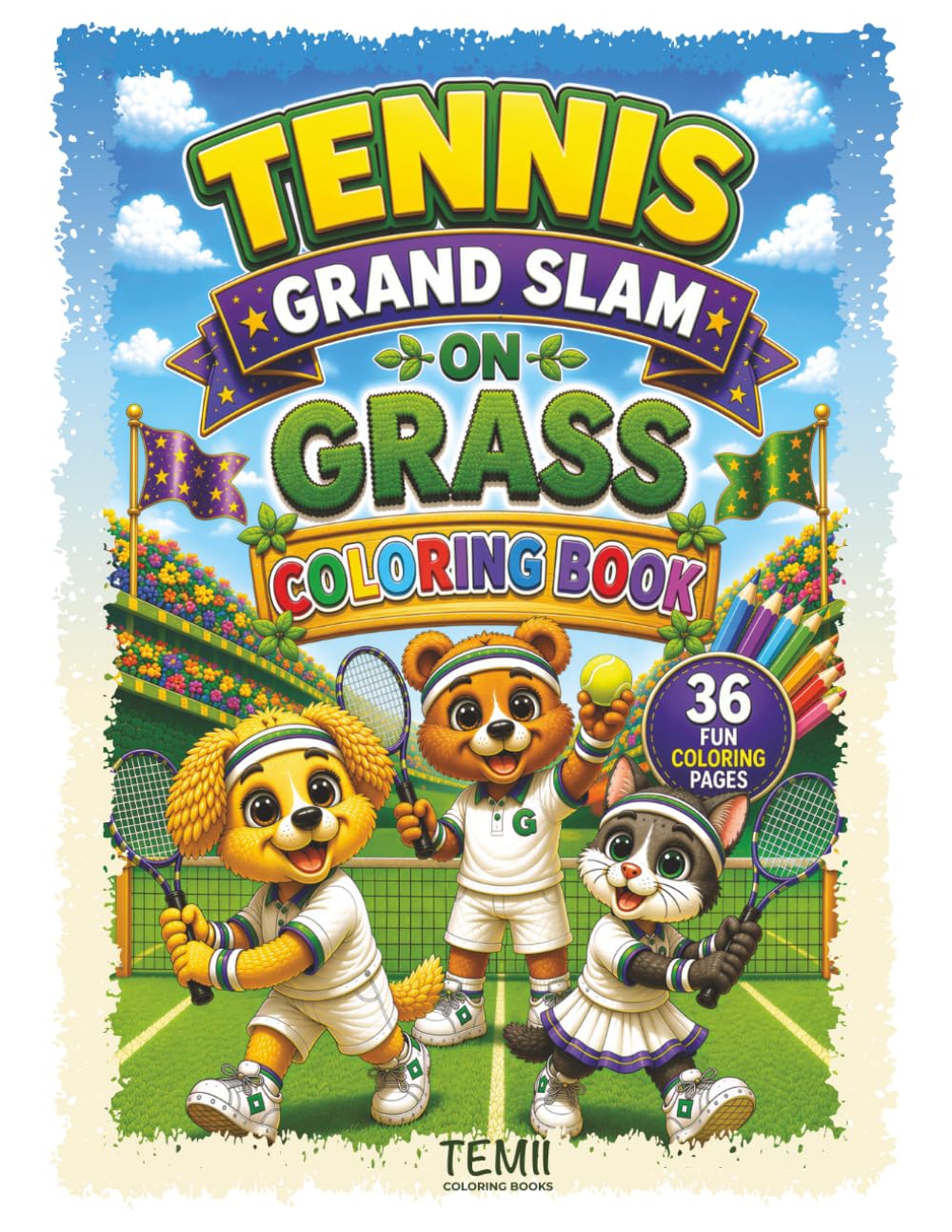 Tennis Grand Slam on Grass Coloring Book: 36 Fun Coloring Pages with Cute Animal Tennis Players, Grand Slam Matches, Championships, Trophies, Fans & More