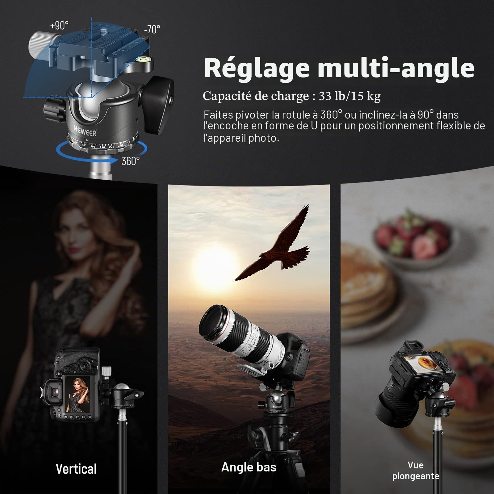 NEEWER Tête sphérique à Profil Bas pour trépied d'appareil Photo, 36 mm, tête de trépied panoramique en métal avec Centre de gravité Bas, Compatible avec Plaque de dégagement Rapide Arca 1/4" pour