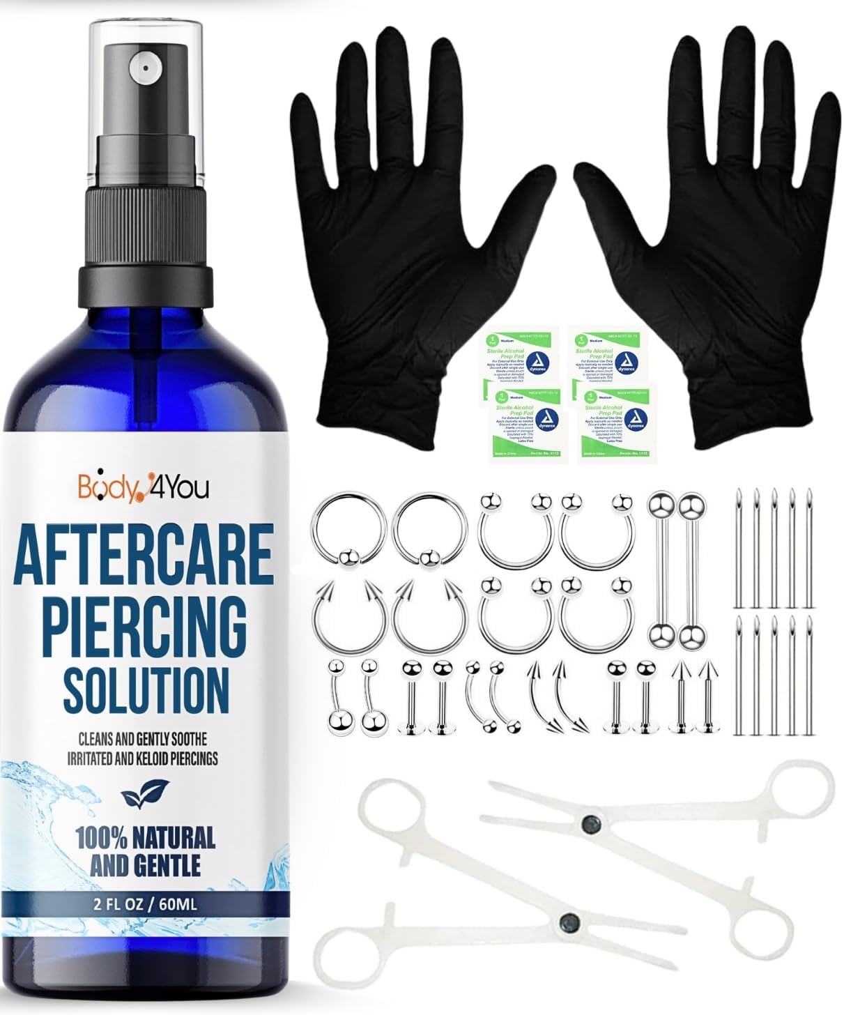 BodyJ4You 36PC Piercing Kit Stainless Steel 14G 16G Belly Ring Tongue Tragus Nose Aftercare Spray