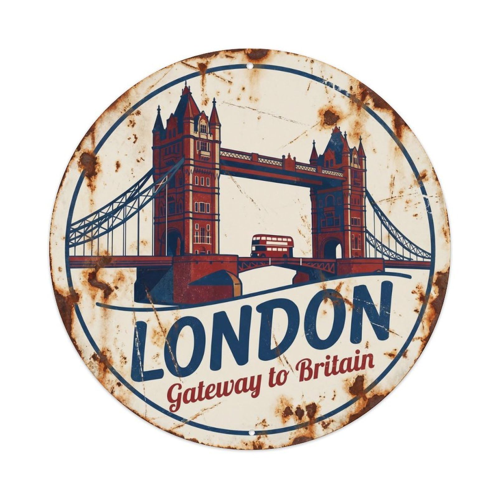 Vintage Travel London Tower Bridge Metal Tin Sign Plaque Wall Decor for Cafe, Club, Garden Round Metal Poster 8x8Inch