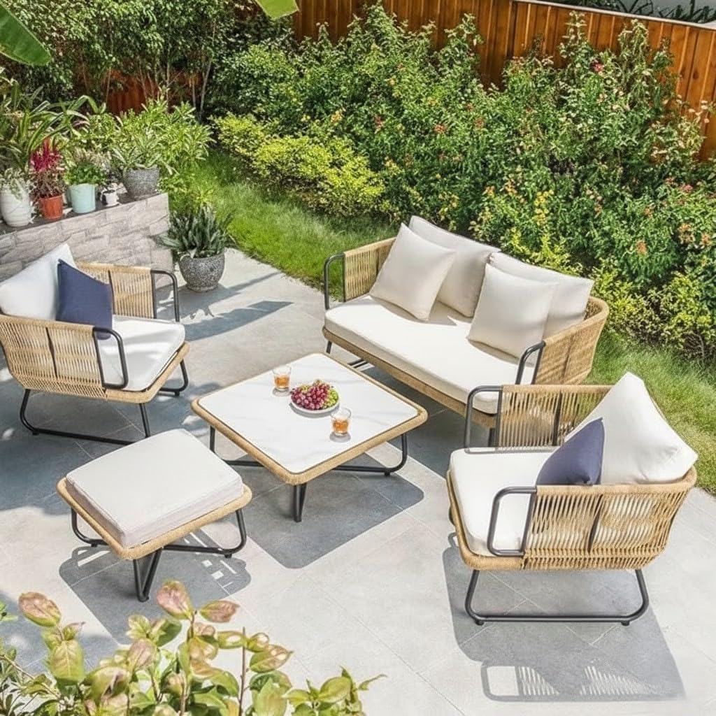 LOCCUS 5-Piece Outdoor Rope Sofa Set with Cushioned Chairs, Ottoman & White Marble Table – All-Weather Patio, Garden, Balcony, Poolside Furniture (Beige & White)-image-44