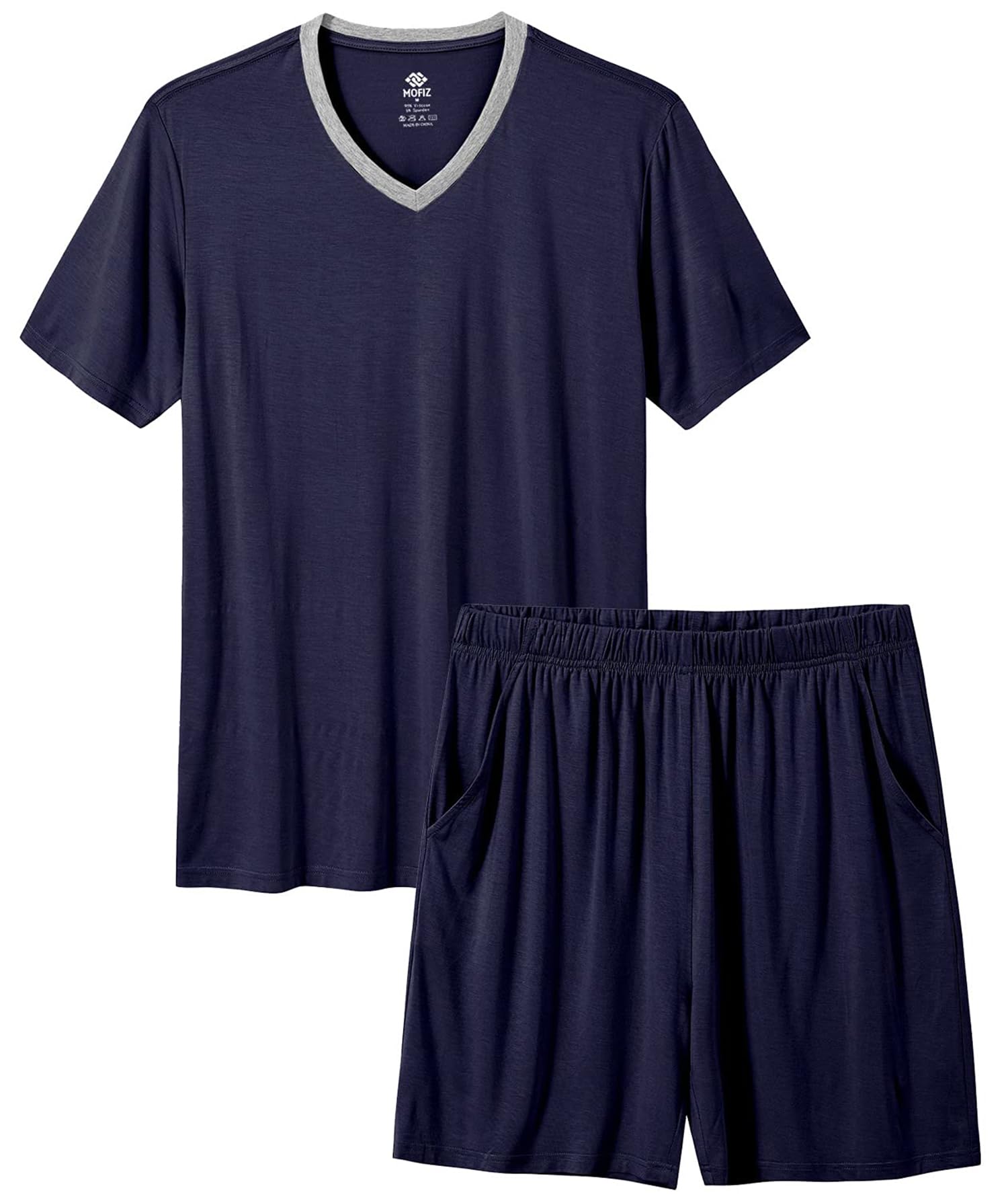 MoFiz Herren Schlafanzug Kurz Pyjama-Set Weich Zweiteilig V Ausschnitt Kurzarm T-Shirt & Schlafhose Kurz Hausanzug Loungewear Nachtwäsche Set mit Taschen