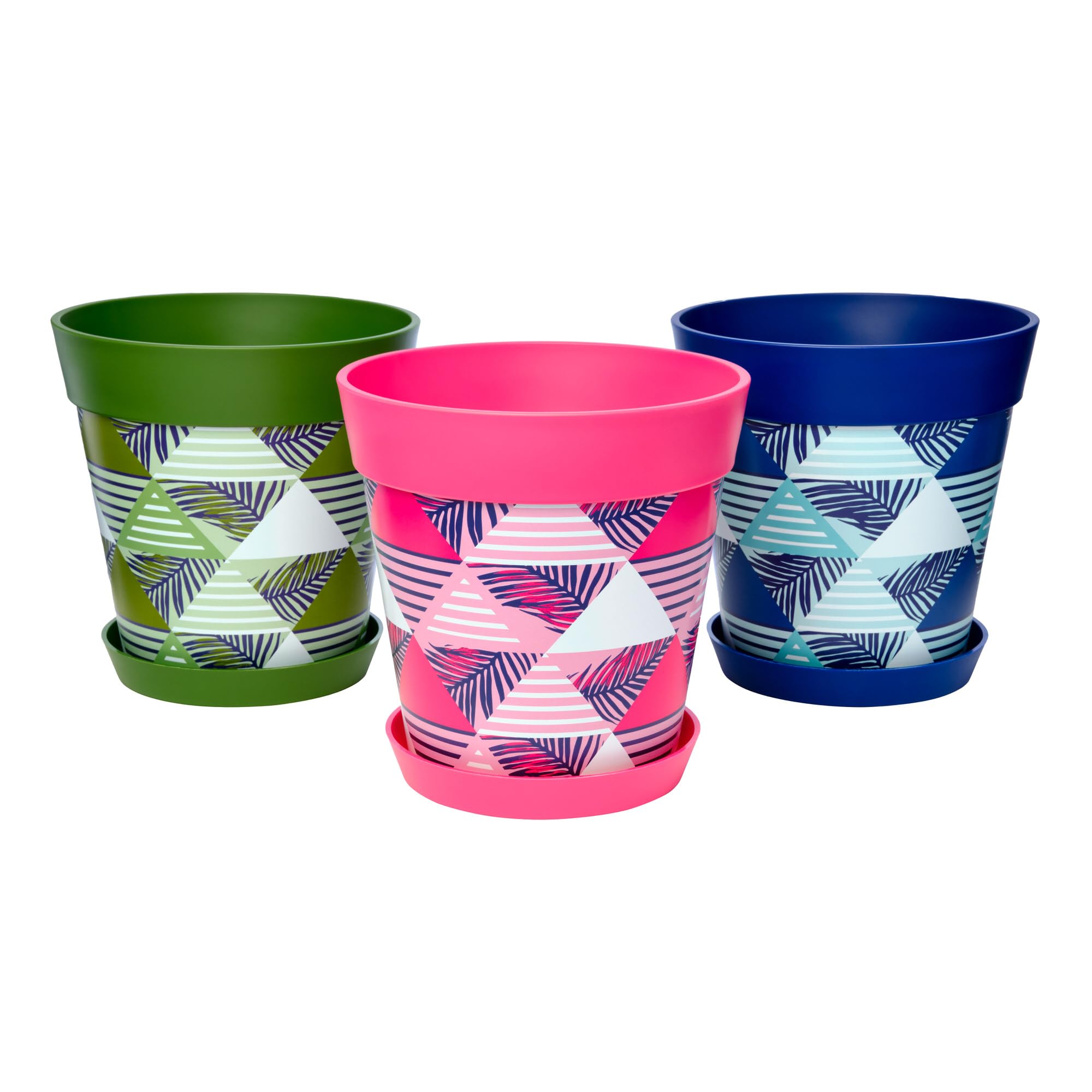 Hum Flowerpots Geometric Multi Set Of 3 Plastic, Indoor/Outdoor Plant Pots 22Cm Diameter And 3 Saucers 17Cm Diameter (Geometric Multi)