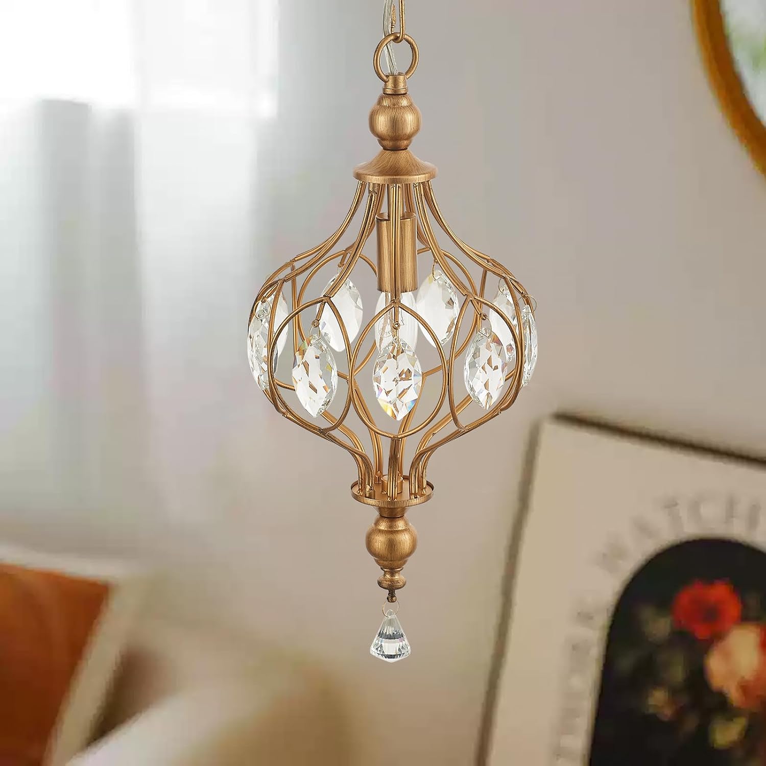 VILUXY Vintage Pendant Light Fixtures Brass Pendant Lighting for Kitchen Island Antique Crystal Mini Chandeleir Adjustable K9 Crystal Hanging Light Fixture for Bedroom Dining Room Hallway