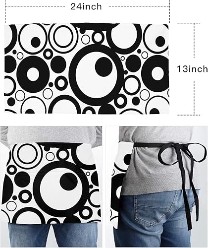 Miniatura 6 de Geometric Waitress Waiter Server Apron with Pockets,Modern Abstract Black White Bohomia Circle Waist Half Cooking Kitchen BBQ Grill Chef Apron for