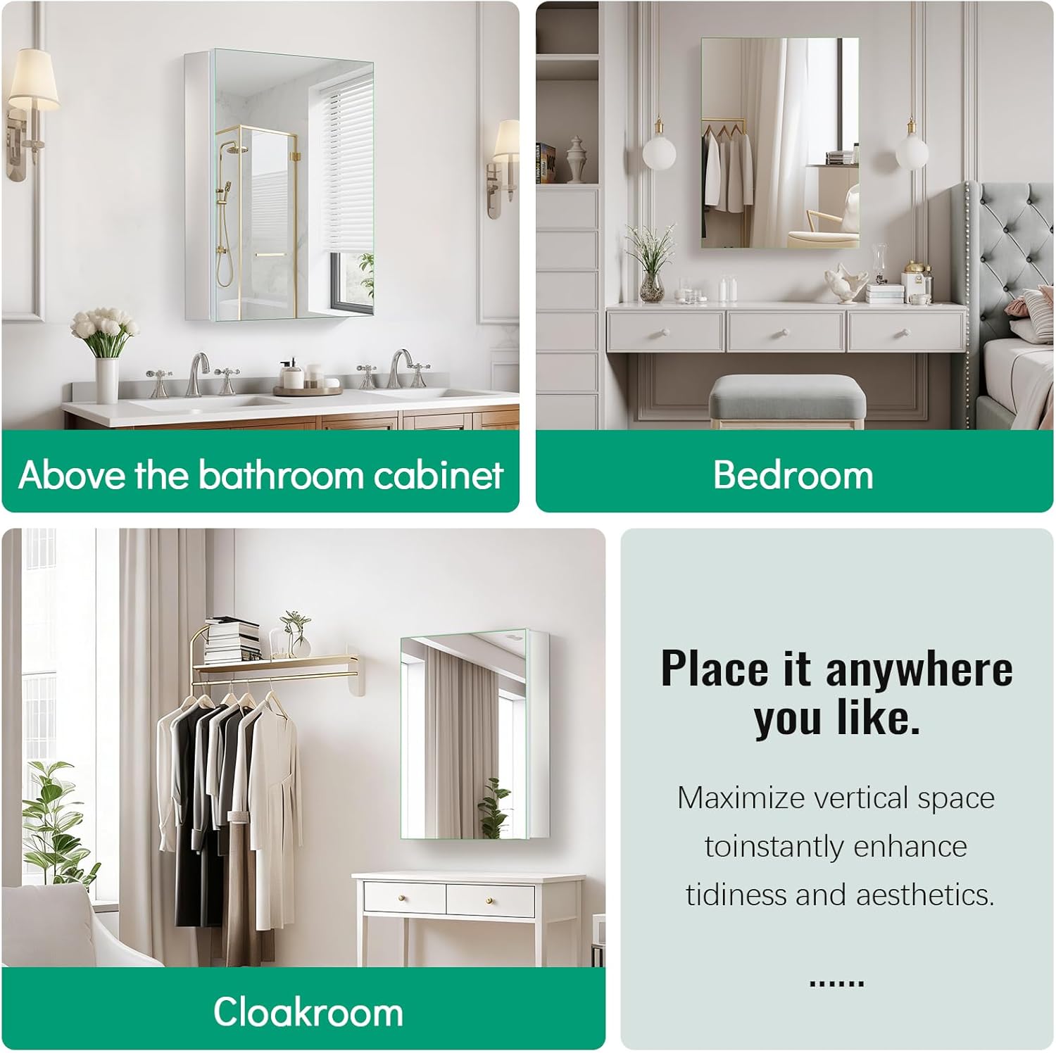 20 x 26 Medicine Cabinet Mirror, Mount or Recessed Bathroom Mirror with Storage, Aluminum Framed Medicine Cabinet with Adjustable Shelves for Bathroom Vanity Modern Farmhouse