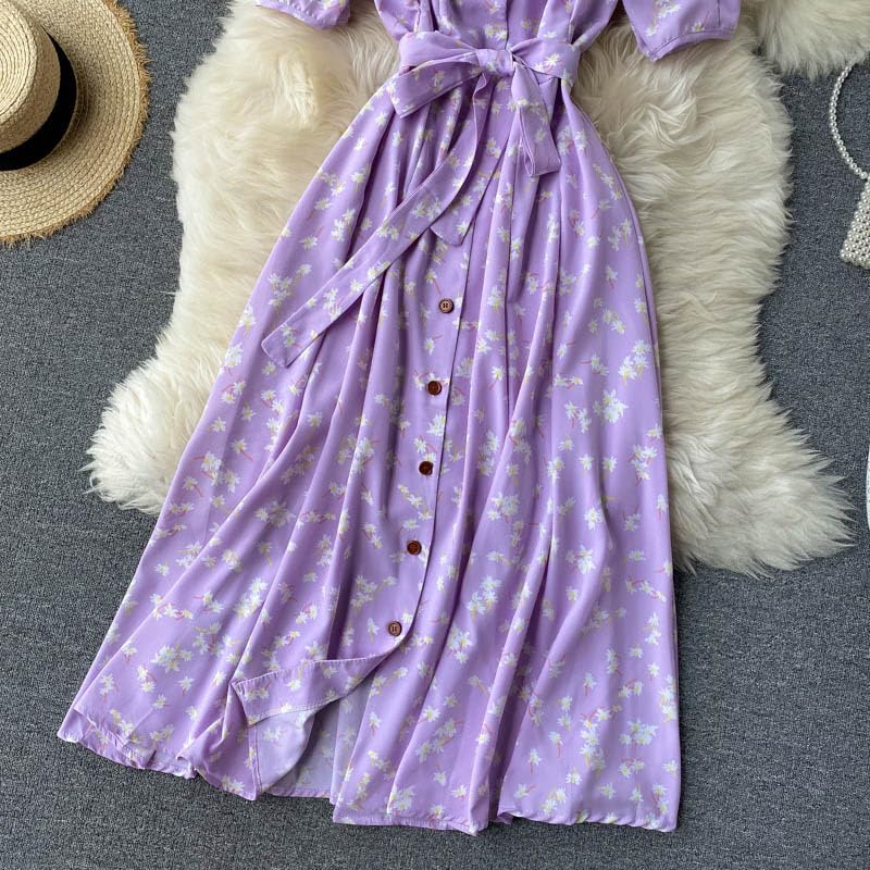 Gufrina Dresses for Women Half Sleeve || Floral Print || V-Neck and Puff Sleeves || Front Open Button & Tie-Up || Midi Dress (Lavender L) 2