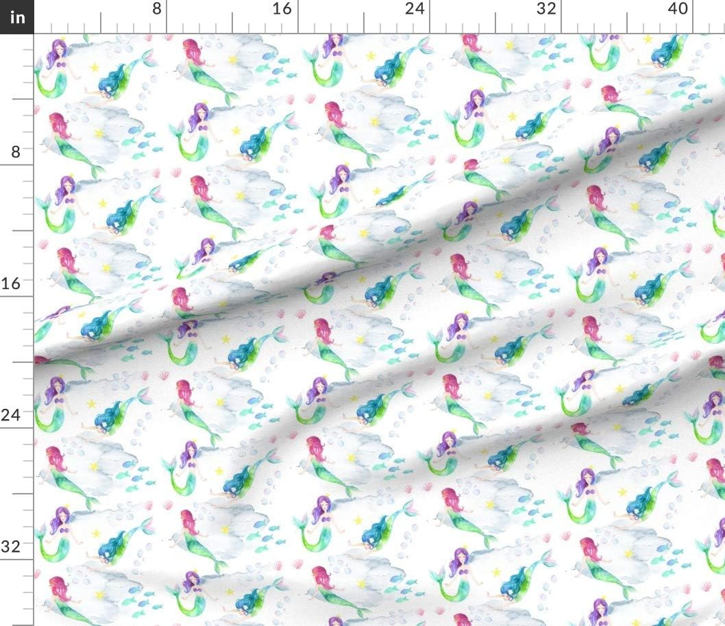 Spoonflower Fabric - Mermaid Nautical Ocean Mermaids Watercolor Whimsical Sea Pink Fantasy Printed on Petal Signature Cotton Fabric Fat Quarter - Sewing Quilting Apparel Crafts Decor