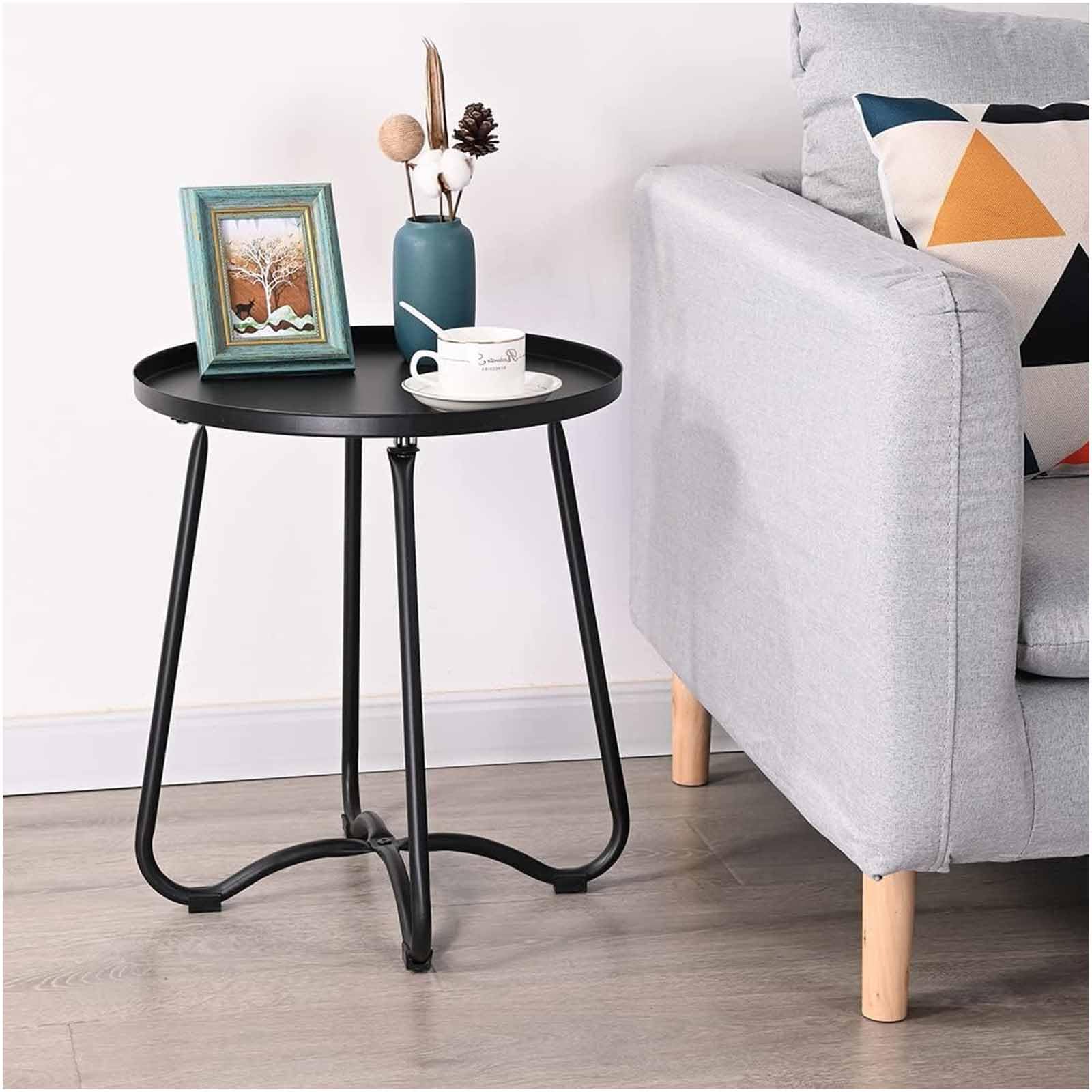 SXZenSpace Round Metal Patio Side Table Black Outdoor End Table, Tray Top Sofa Couch Bedside Nightstand Snack for Small Place Living Room Bedroom Yard Balcony