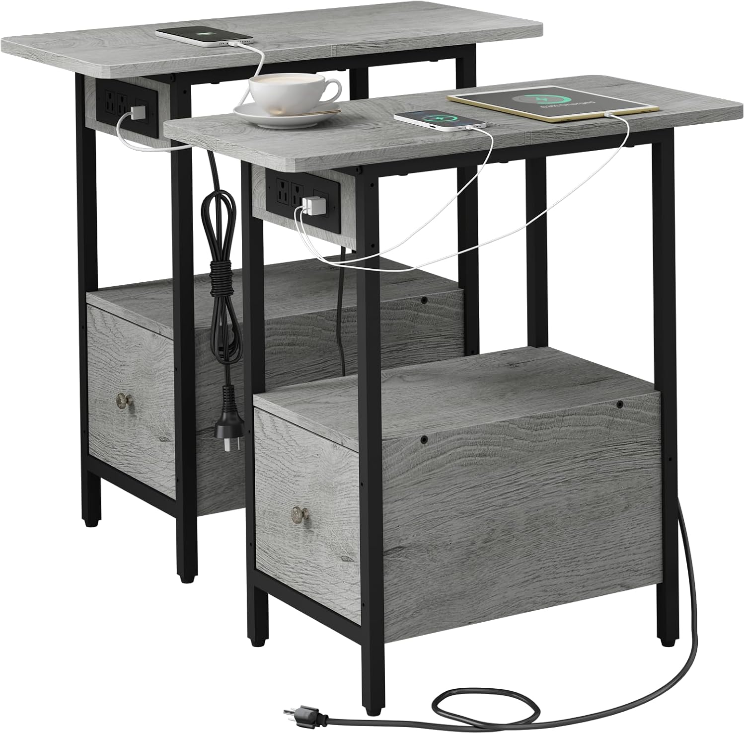 LIDYUK End Table with Charging Station, Narrow Side Table with Drawer and USB Ports & Power Outlets, Nightstand Bedside Tables for Small Spaces, Bedroom, Living Room, Rustic Brown