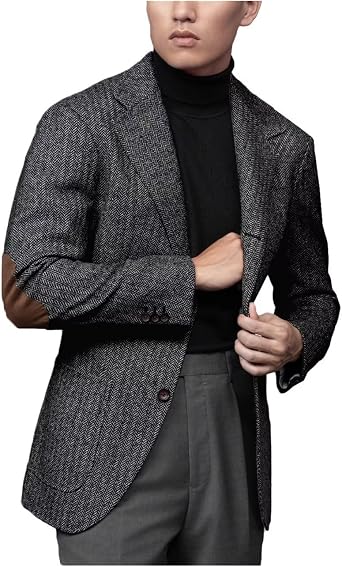 Mens Herringbone Tweed Casual Blazer with Elbow Patch Fashion Sport Coats Vintage Formal Jacket