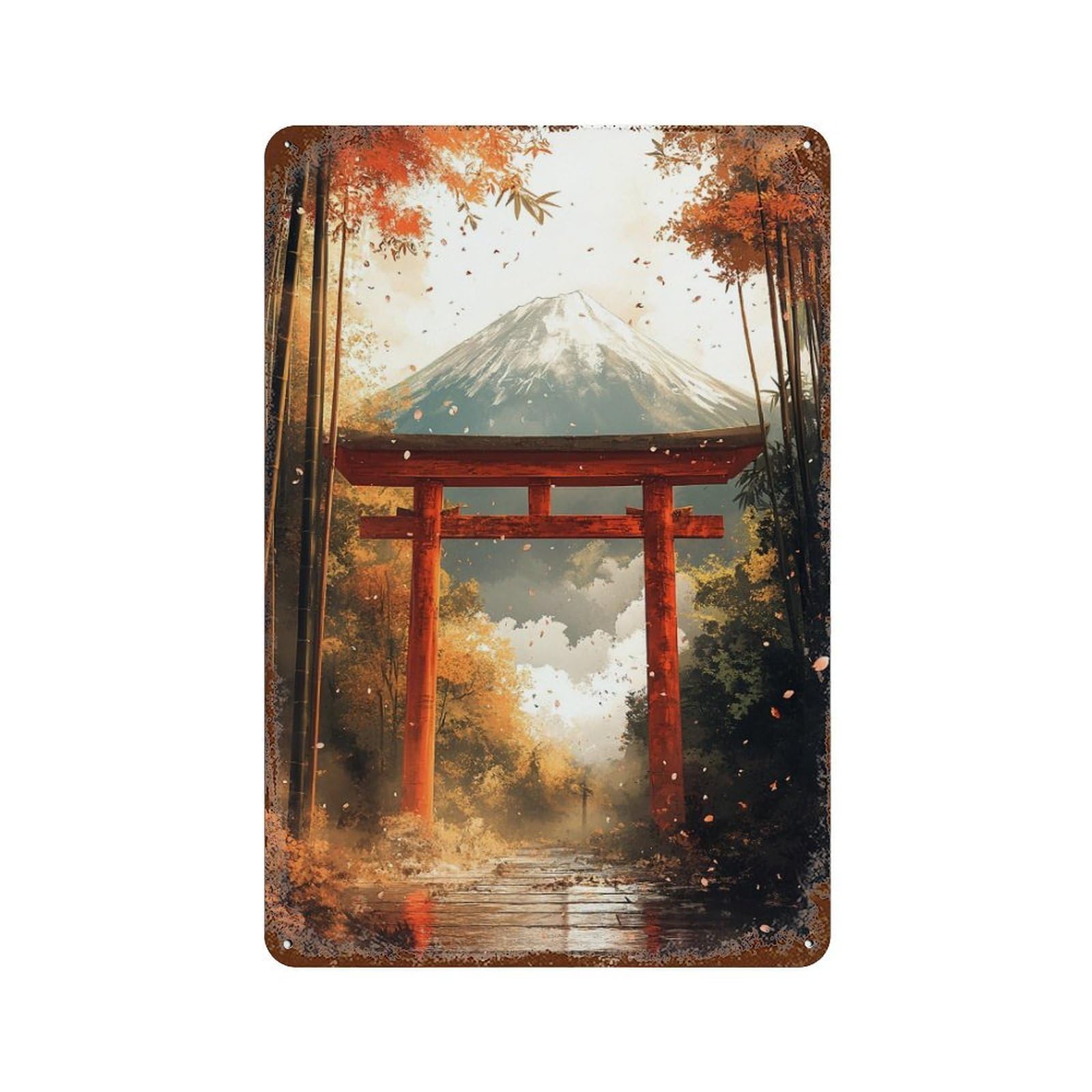 Japanese Torii Gate with Mount Fuji 11.8"x7.9" Vintage Metal Tin Sign, Shabby Chic Decor for Office, Studio And Wall Decor