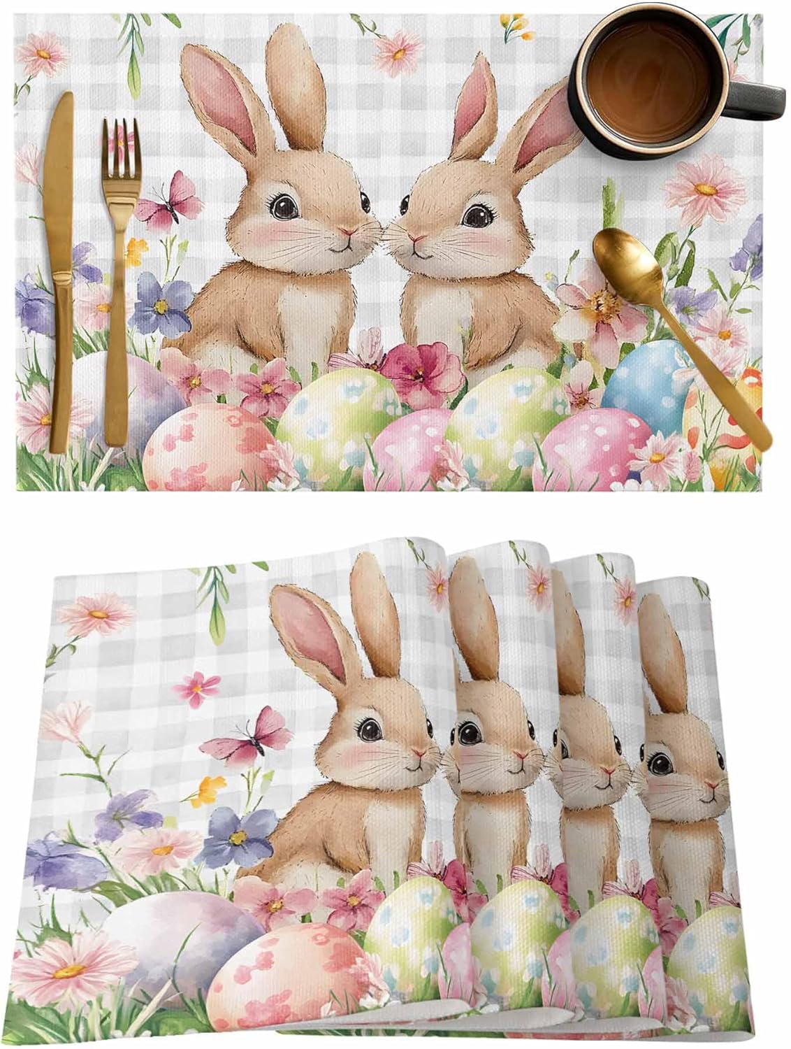 Easter Placemats Set of 12 Bunny Eggs Place Mats Spring Floral Placemat Washable Grey Buffalo Plaid Table Mats for Dining Kitchen Seasonal Holiday Dinner Party Home Easter Decorations 13x19 Inch
