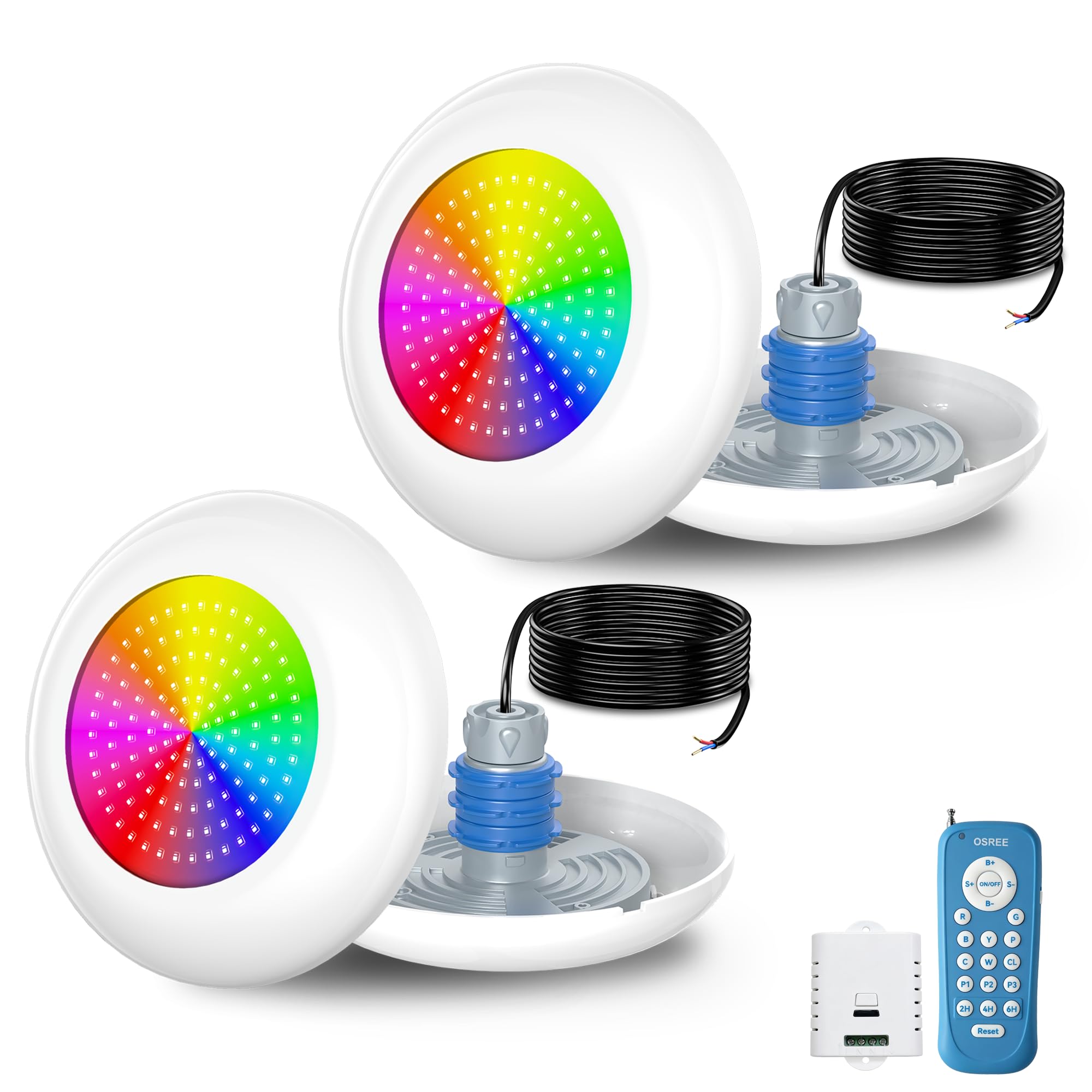 LED Poolbeleuchtung mit 1,5" Außengewinde, 15W Harz Gefüllt RGB Mehrfarbig Poolscheinwerfer mit Fernbedienung, Ø190mm, 12V AC Poollampe für Einbaunische 1 1/2 Zoll der Beckenwand,2 Stück