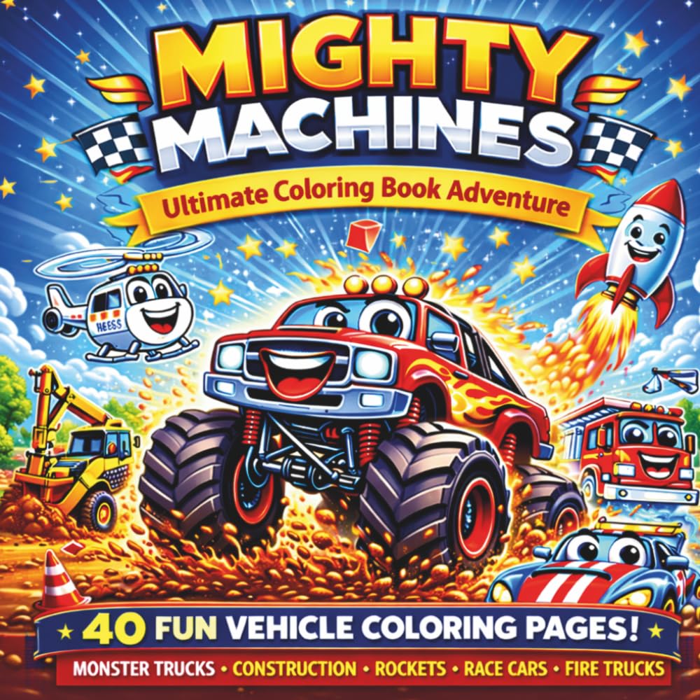 Mighty Machines Coloring Book for Kids: Monster Trucks, Construction Vehicles, Race Cars, Rockets & Fire Trucks | 40 Fun and Easy Coloring Pages for Boys Ages 3-8