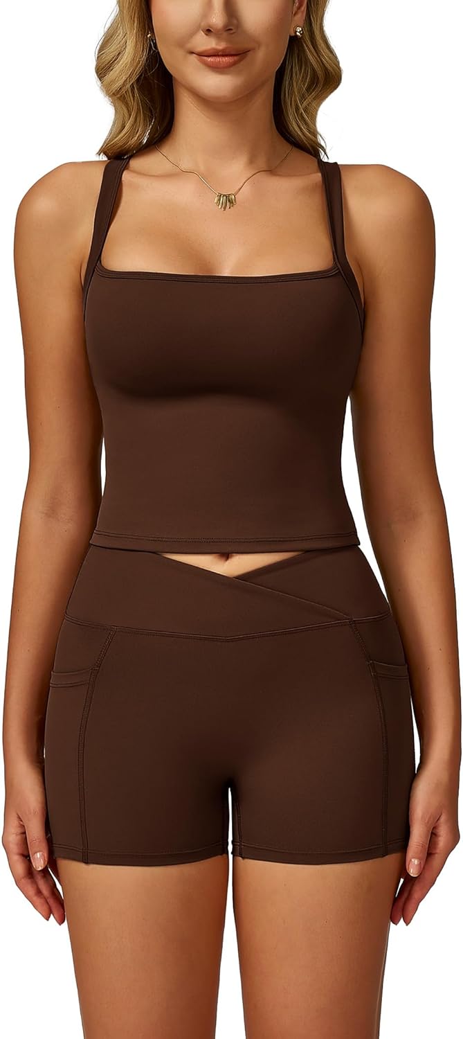 ABOCIW Workout Sets for Women 2 Piece Square Neck Tank Top Crossover Biker Shorts with Pockets Yoga Gym Outfits