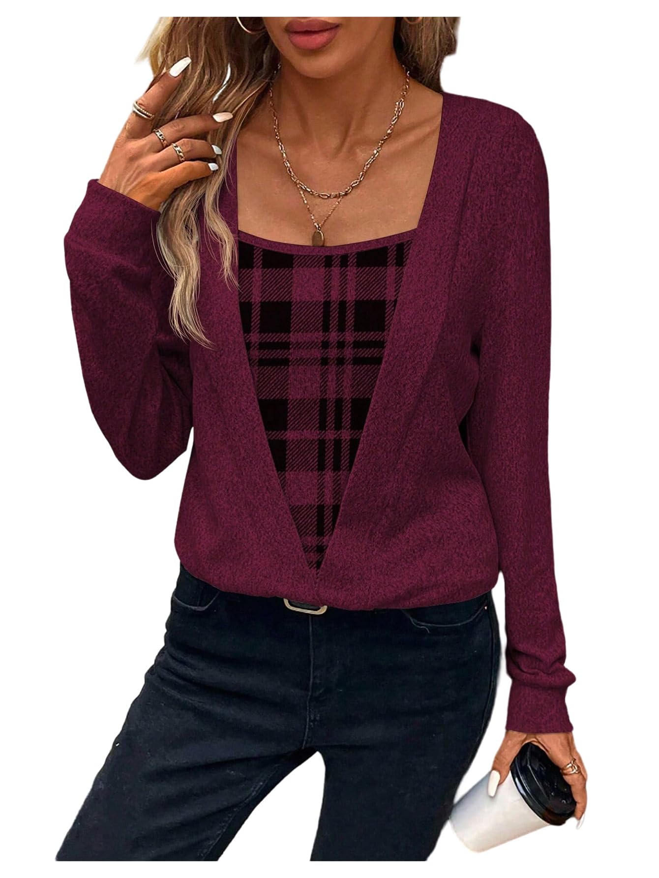 GORGLITTER Womens Plaid Checkered Printed Lightweight Sweater Tops Trendy Fall Casual V Neck Long Sleeve Knitted Tops