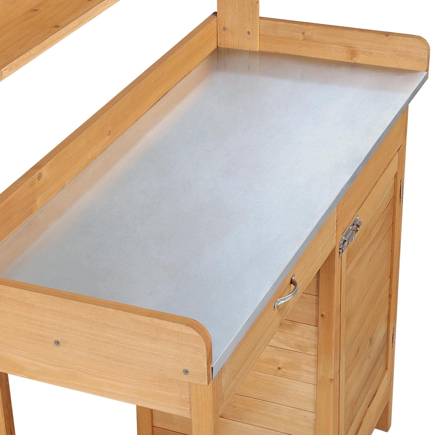 Yaheetech Gärtnertisch 112 x 46,5 x 125 cm Pflanztisch mit verzinkter Arbeitsplatte Schublade Unterschrank, Garten Arbeitstisch aus Holz, Blumentisch Hellbraun