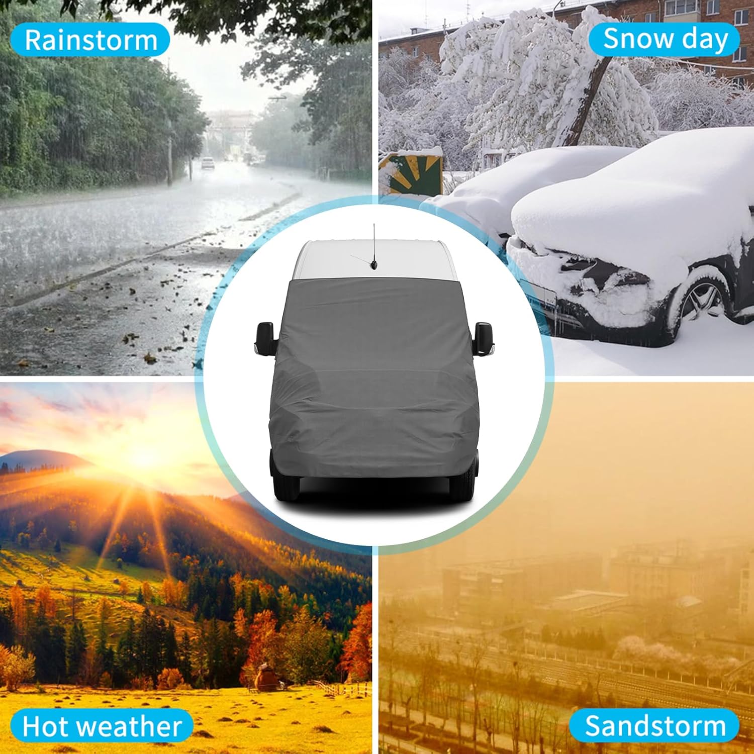 Windshield and Engine Sunshade Cover Compatible with 2006-2018 Benz Sprinter, for UV Protection & Privacy Shield, Gray with Mirror Cutouts