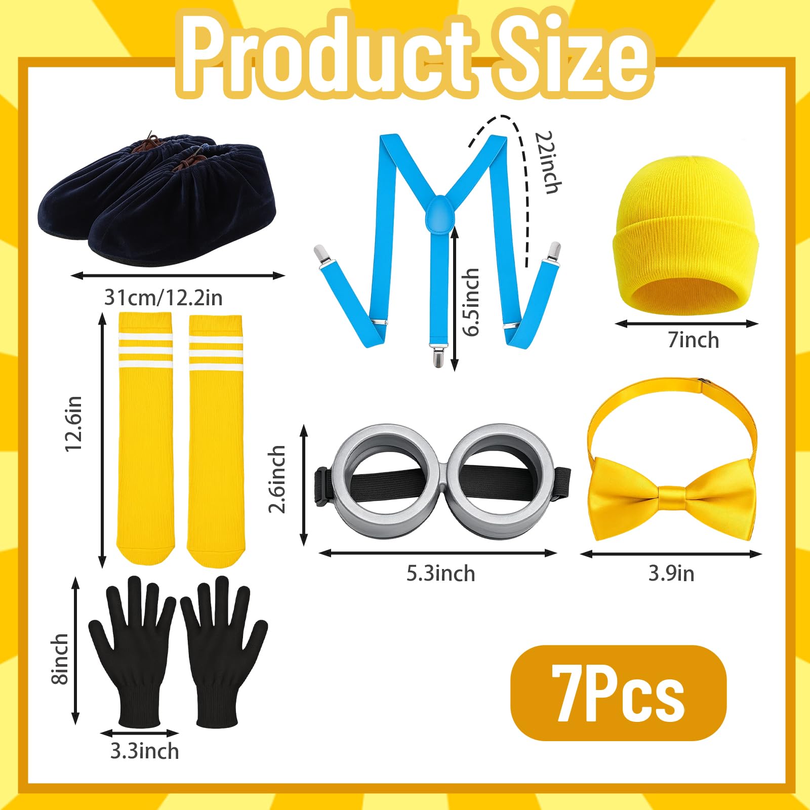 BFSYRR Yellow Costume, 7 Piece Carnival Set for Halloween Parties and Cosplay Events Includes Hat, Glasses, Gloves, Socks - Image 2