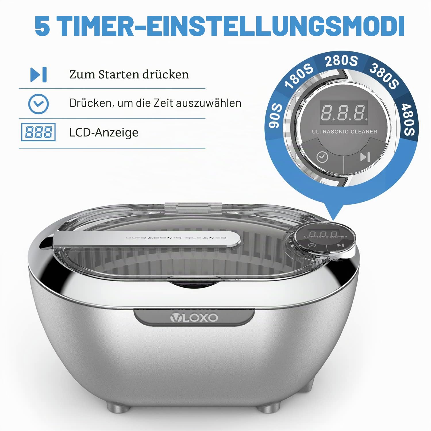 VLOXO Ultraschallreinigungsgerät 700ml Ultraschallgerät Brillenreinigungsgerät mit Digitalanzeige, Touchscreen und 5 Zeiteinstellungen Ultraschallbad für Uhren Schmuck Zahnprothesen Brille Silber