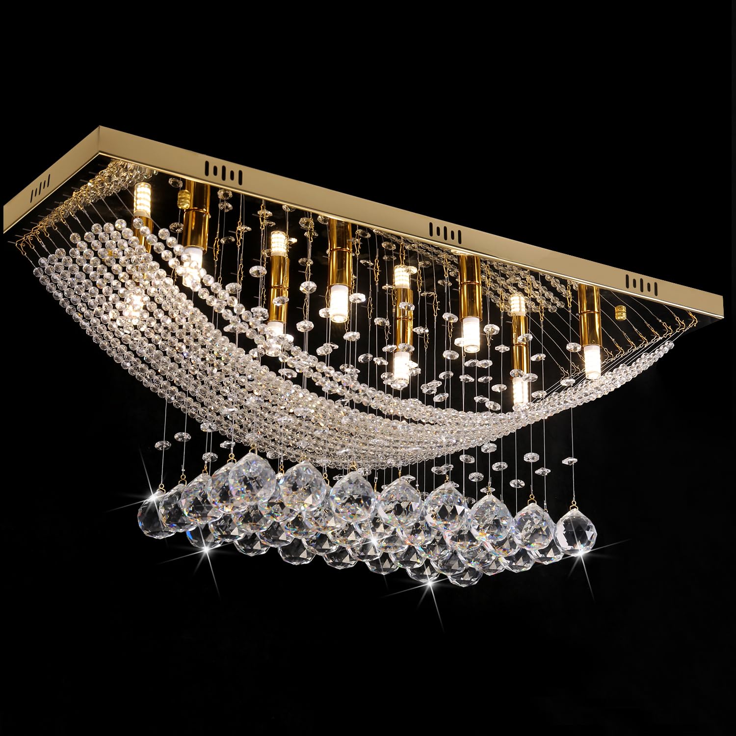 Modern Chandelier Crystal Chandelier Flush Mount Chandelier Gold Rectangle Crystal Raindrop Chandelier 8 Lights Ceiling Light Fixture Pendant Lamp for