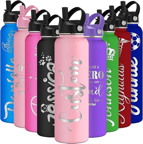Botellas de agua personalizadas de 24 onzas con nombre grabado, tapa de pajilla, acero inoxidable con aislamiento personalizado, asa de taza