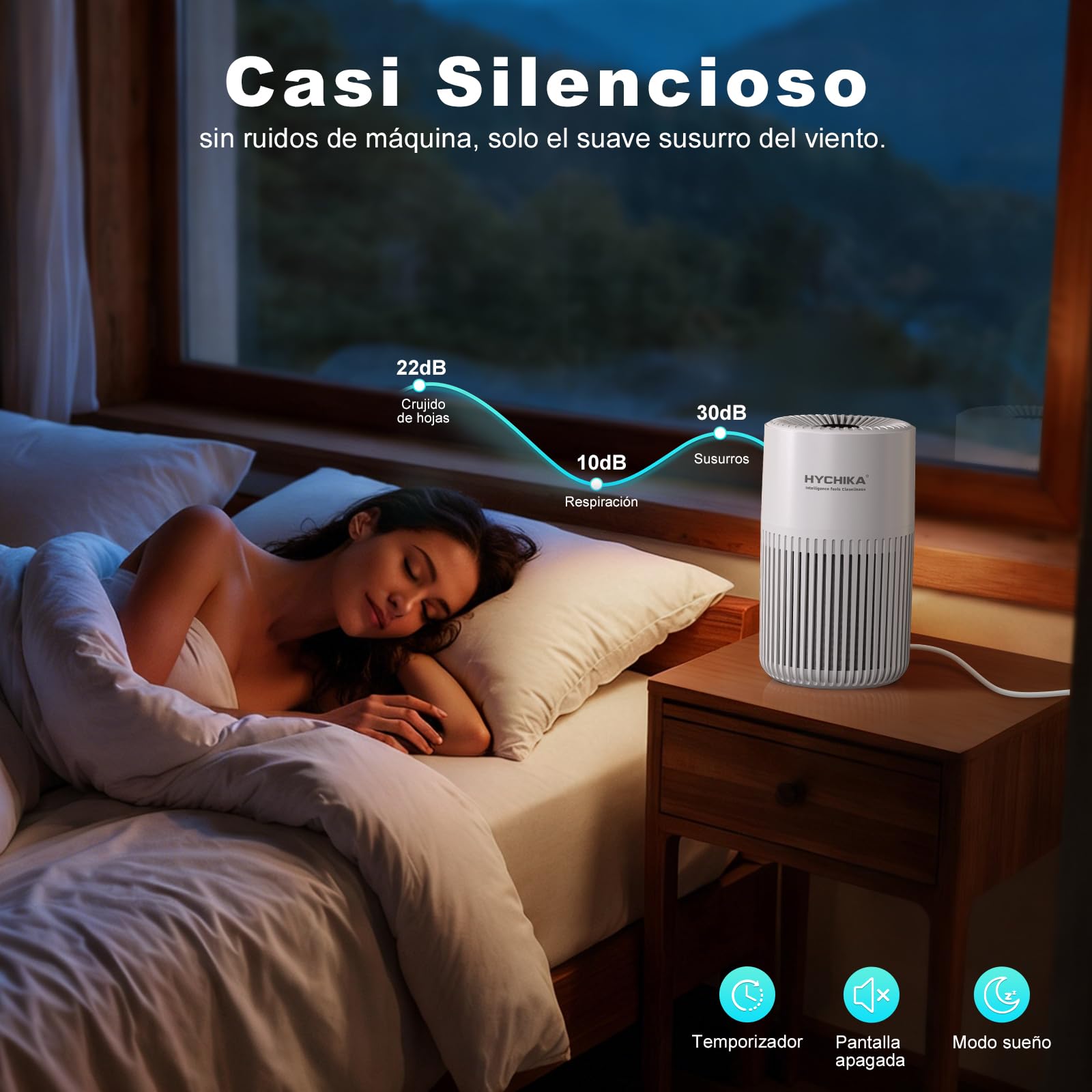 HYCHIKA Purificador de Aire con Filtro HEPA H13, Air Purifier con Aromaterapia, 20dB Modo Sueño, Elimina 99,97% de Polvo, Polen, Humo y Olores, 3 Luces Nocturnas, Temporizador, para Hogar y Dormitorio